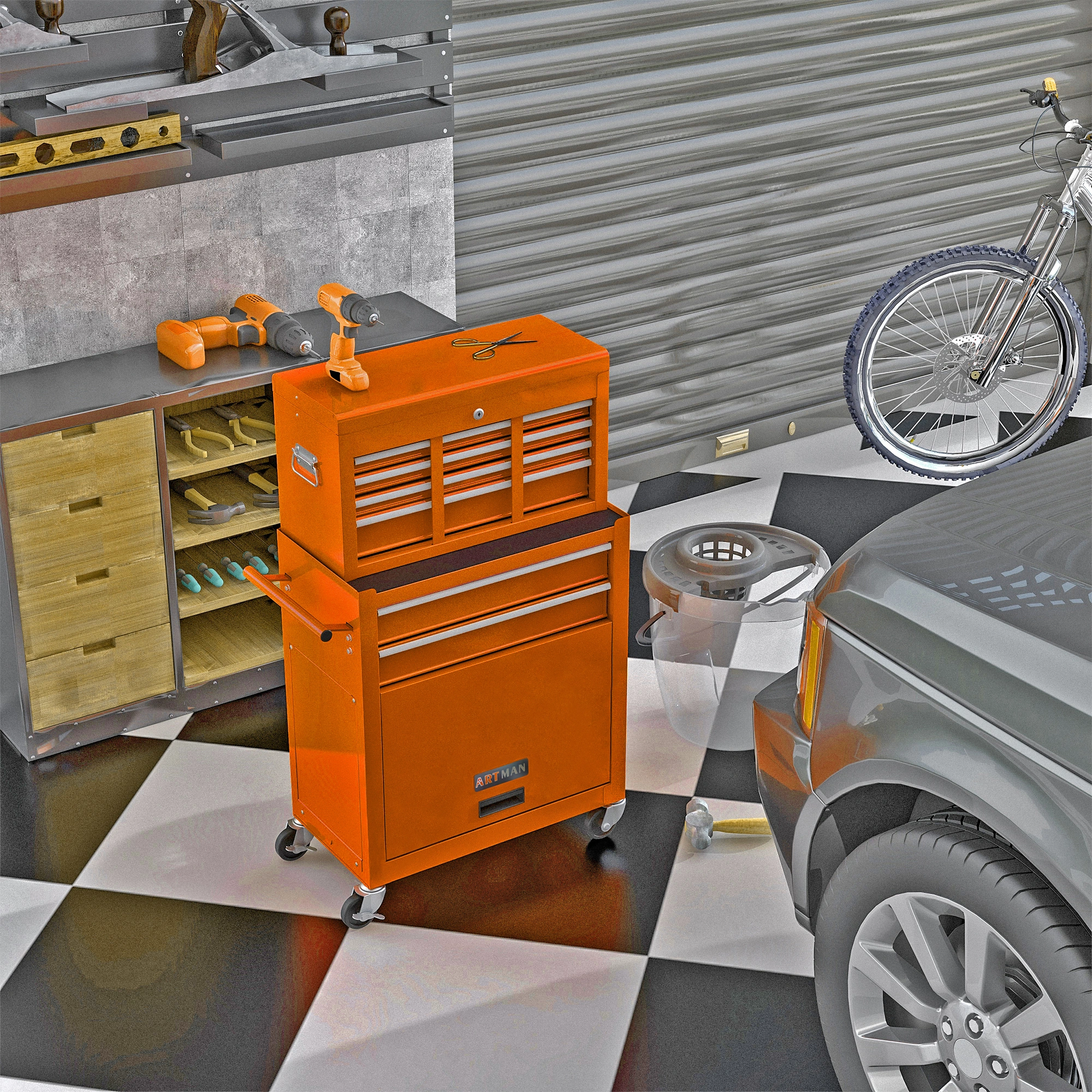 8-Drawer Rolling Tool Chest Cabinet with Wheels, High Capacity Orange Tool Storage Box with Lockable Drawers, Mobile Workshop Organizer view 2