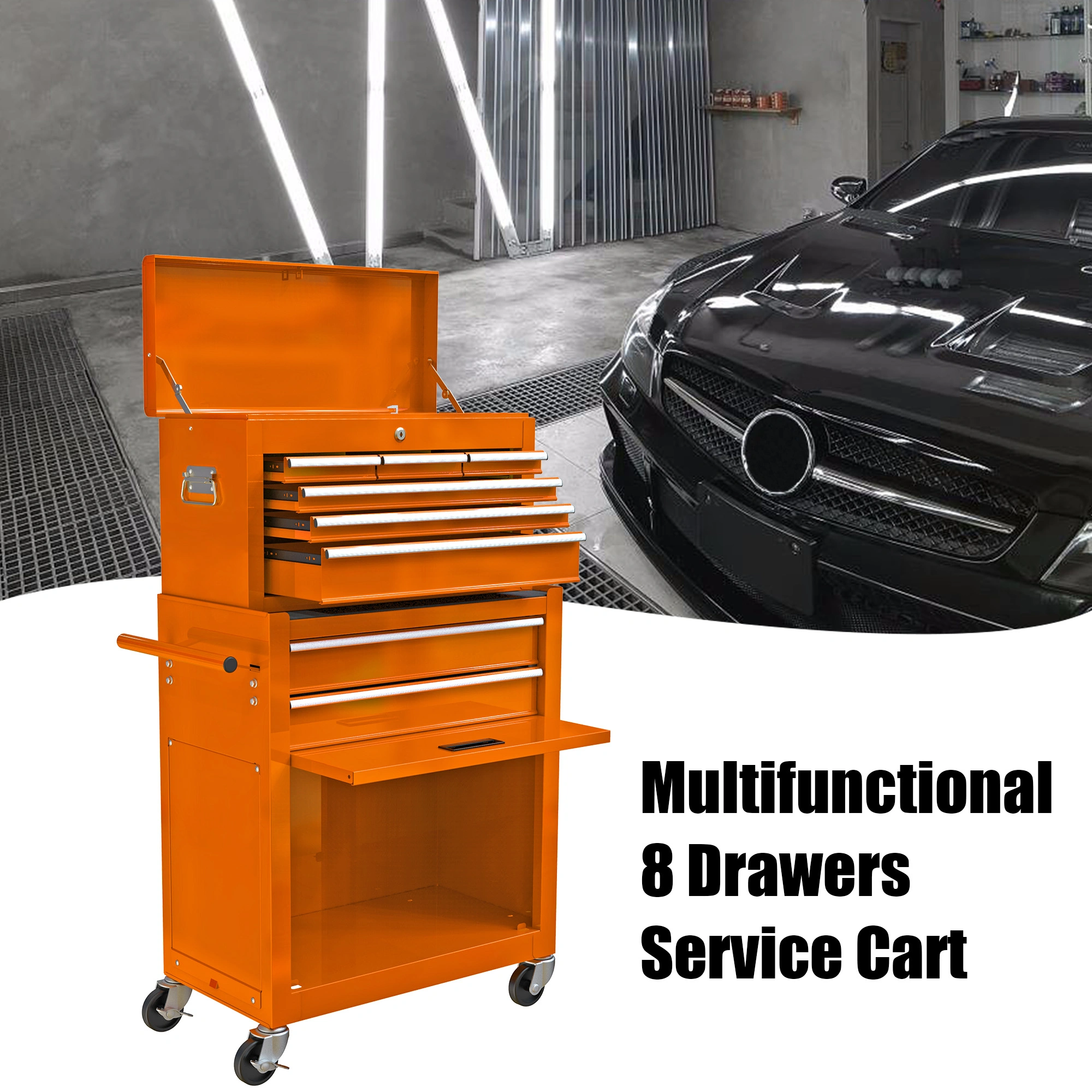 8-Drawer Rolling Tool Chest Cabinet with Wheels, High Capacity Orange Tool Storage Box with Lockable Drawers, Mobile Workshop Organizer view 3