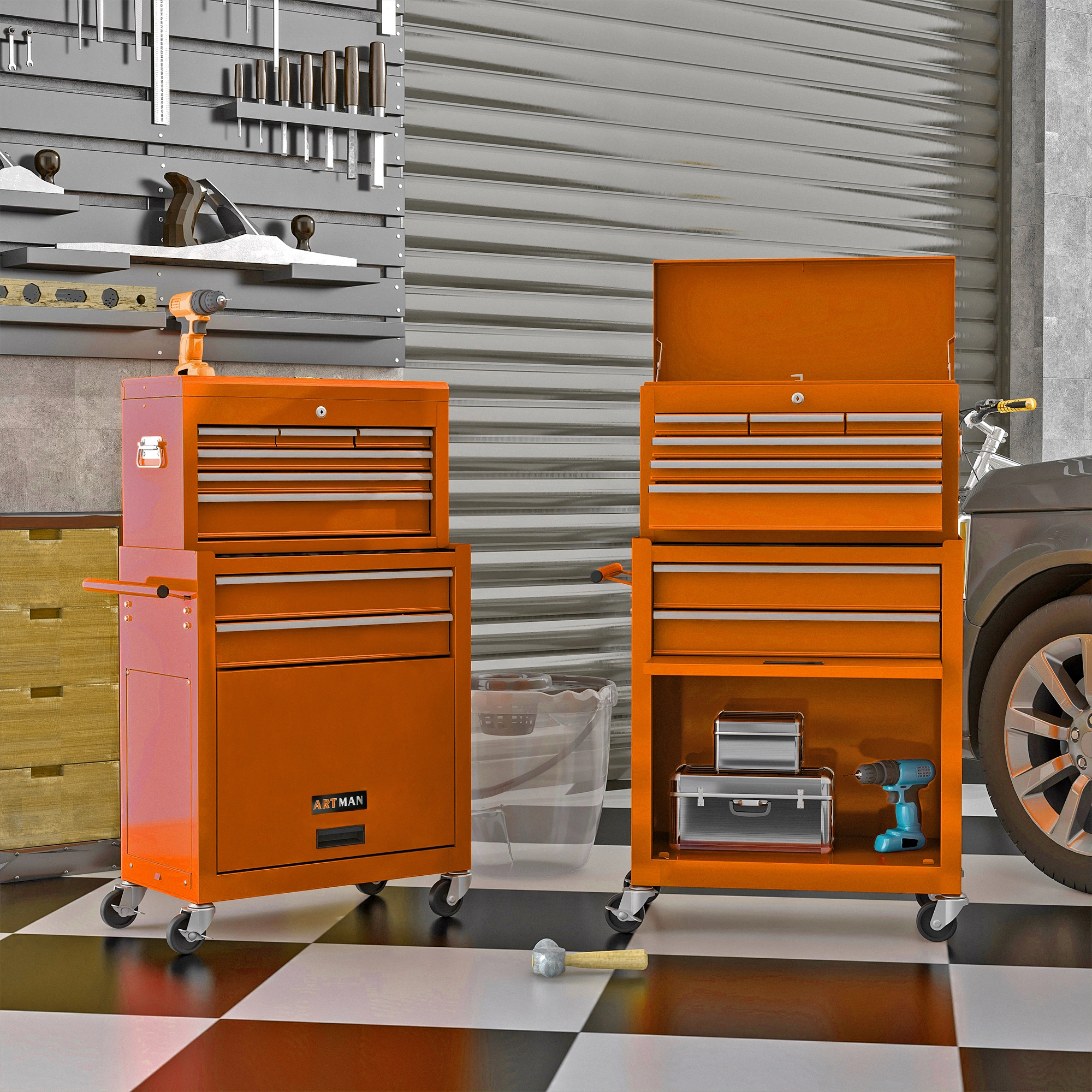 8-Drawer Rolling Tool Chest Cabinet with Wheels, High Capacity Orange Tool Storage Box with Lockable Drawers, Mobile Workshop Organizer view 5