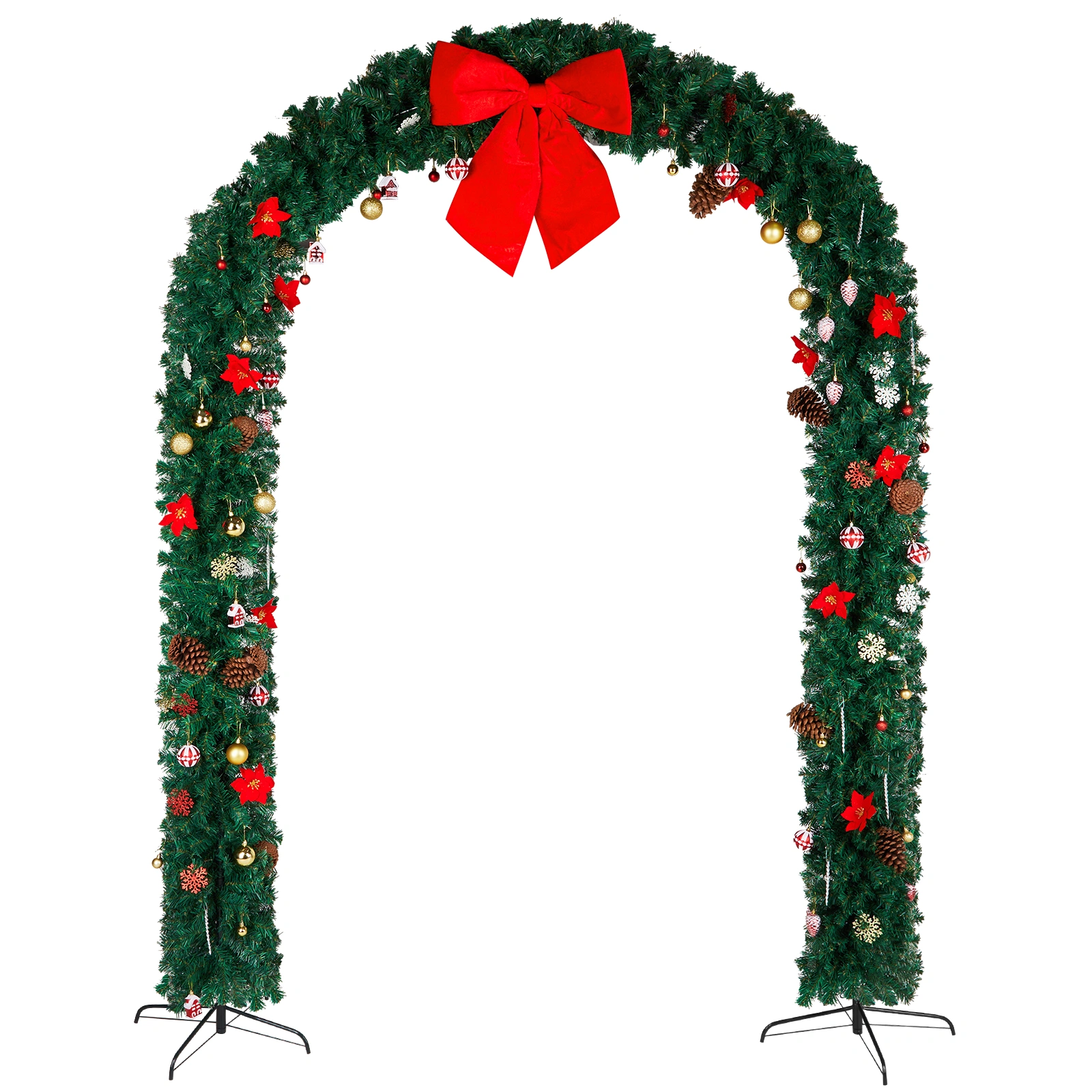 240x40x265cm Curved Green Christmas Arch with Decorations, PVC Holiday Arch Doorway