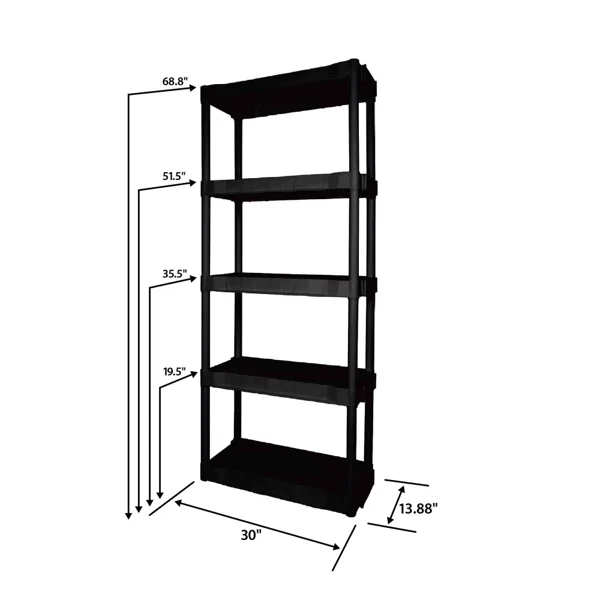 5-Tier Black Plastic Shelf Unit, 68.8 H x 30 W x 13.88 D, 350 lb Capacity view 2