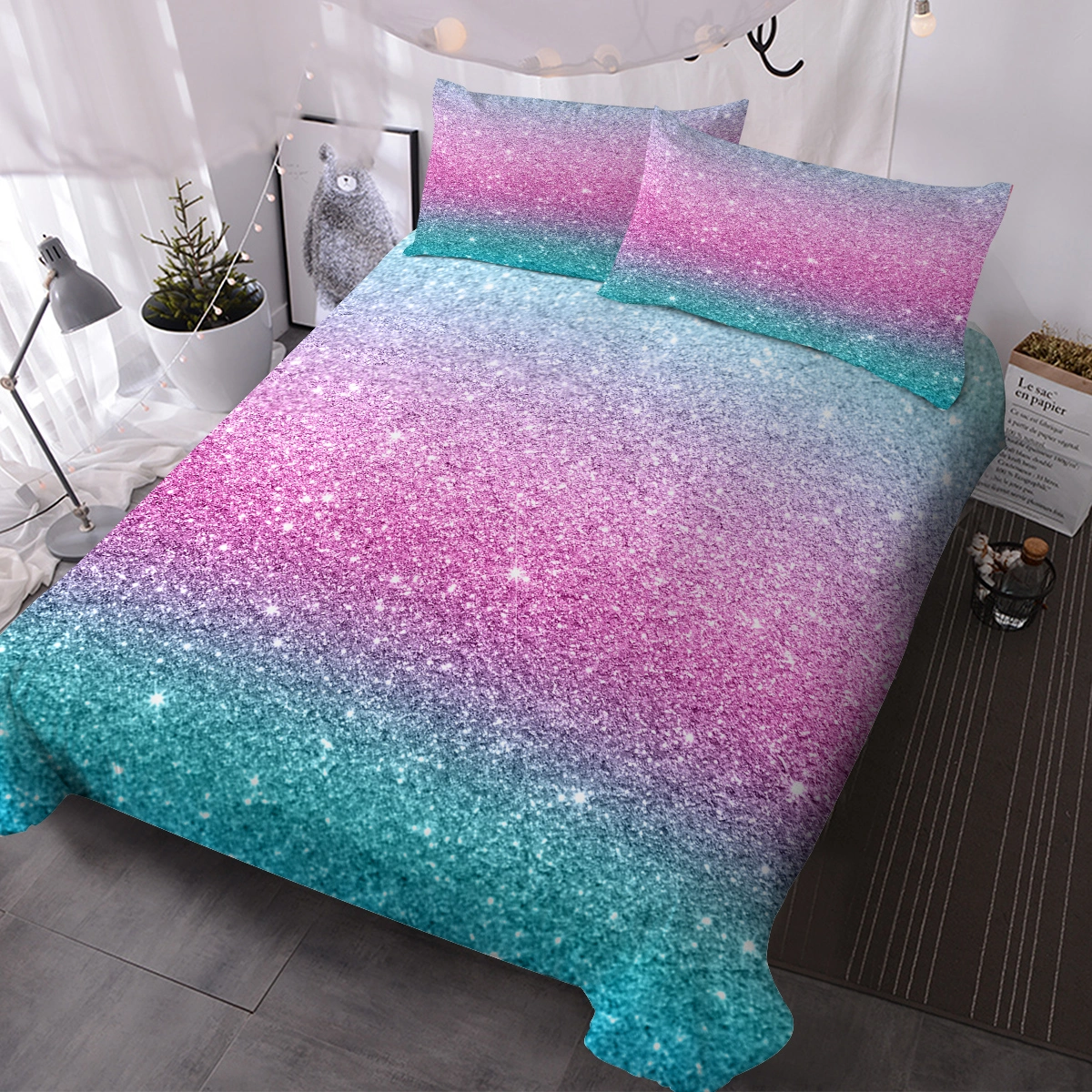 Rainbow Glitter Ombre Duvet Cover Set 3 Pcs Unicorn Sparkle Bedspread with 2 Pillow Shams Pink Purple Blue Green Pastel Bedding Single