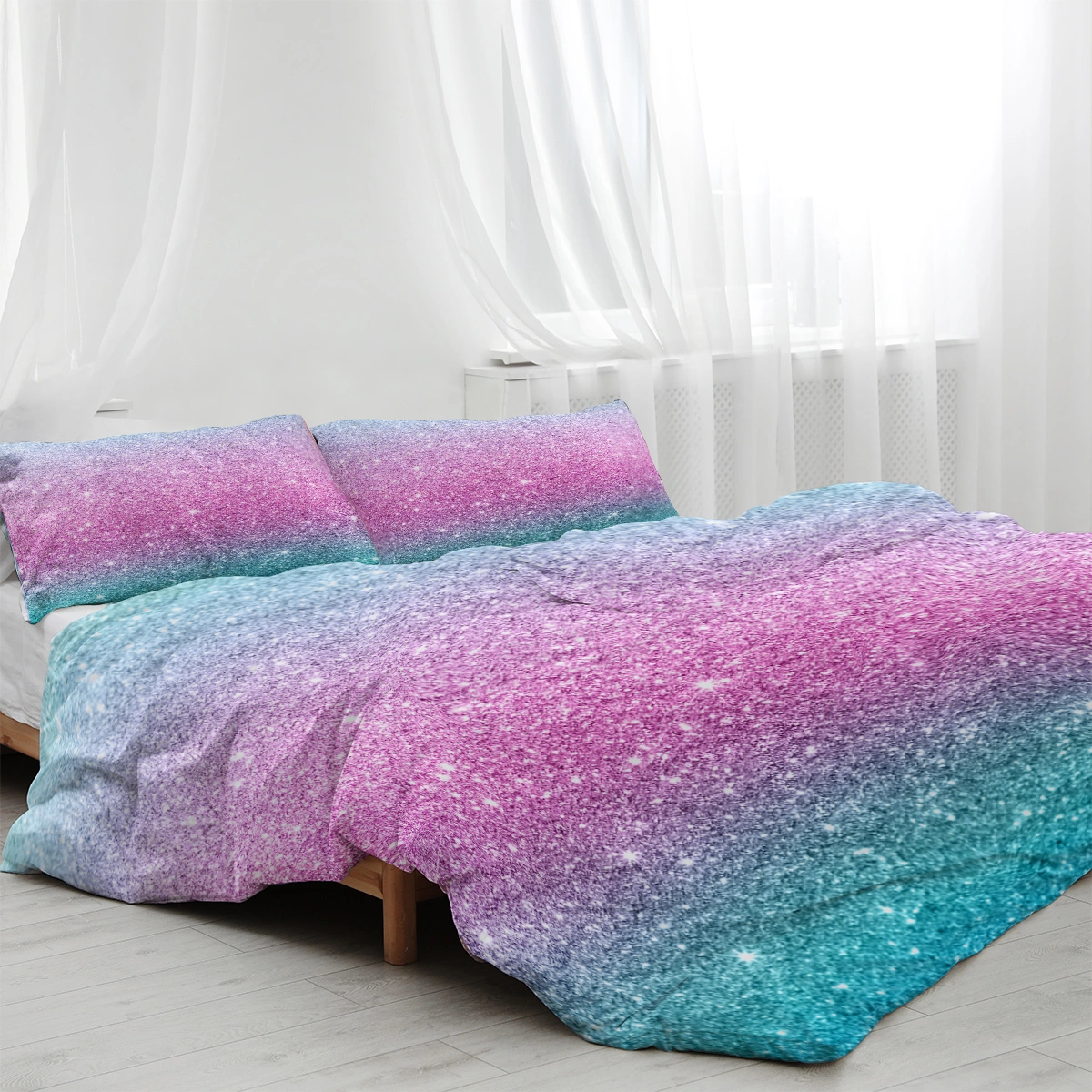 Rainbow Glitter Ombre Duvet Cover Set 3 Pcs Unicorn Sparkle Bedspread with 2 Pillow Shams Pink Purple Blue Green Pastel Bedding Single view 2