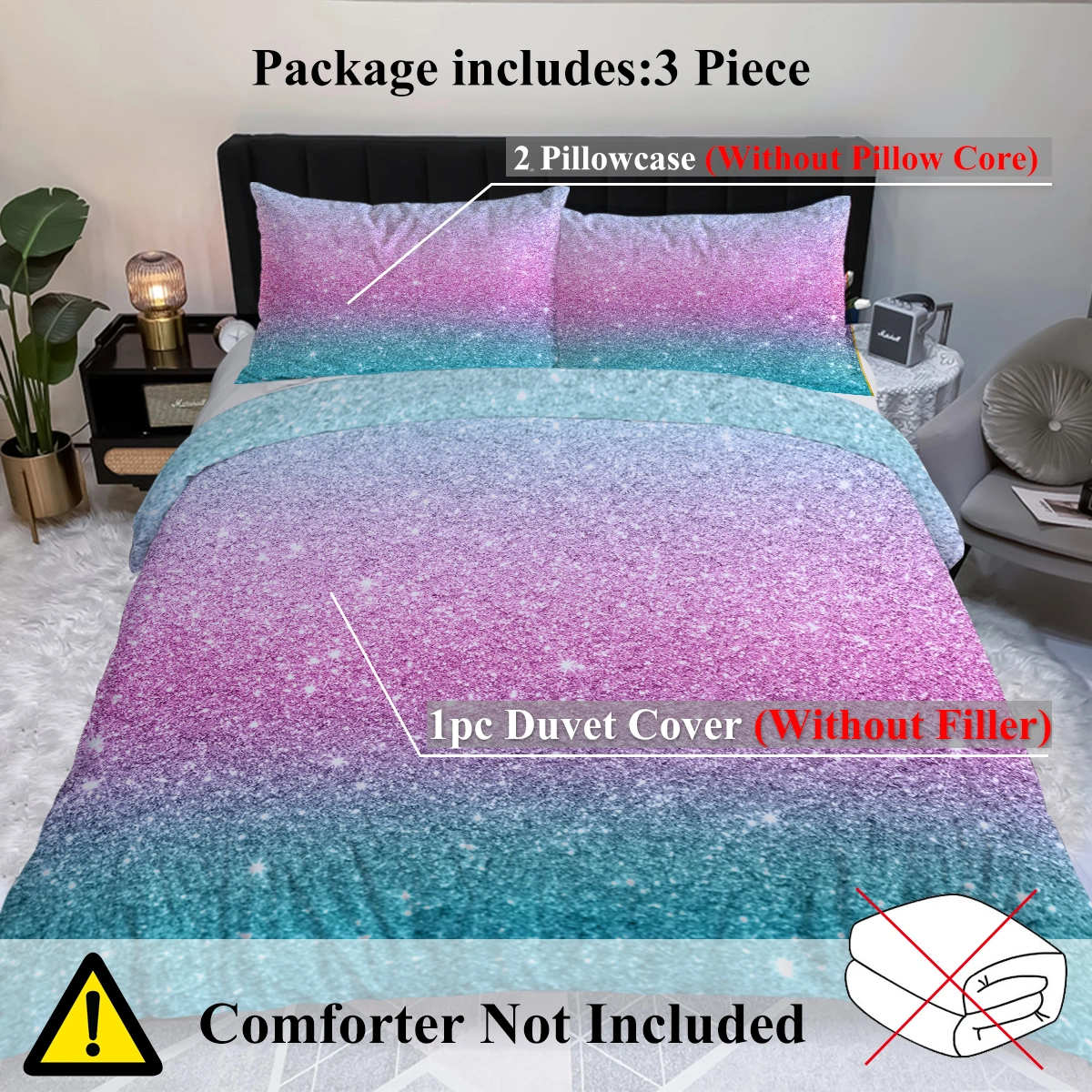 Rainbow Glitter Ombre Duvet Cover Set 3 Pcs Unicorn Sparkle Bedspread with 2 Pillow Shams Pink Purple Blue Green Pastel Bedding Single view 4