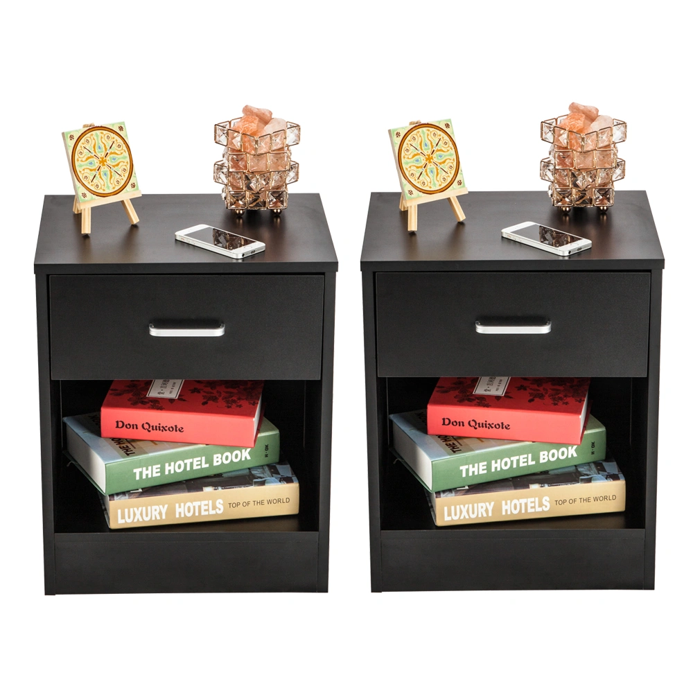 2 Piece Black Nightstands with Drawer, Modern Bedside Tables
