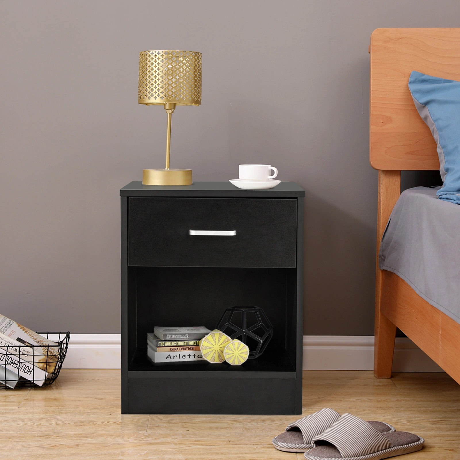 2 Piece Black Nightstands with Drawer, Modern Bedside Tables view 2