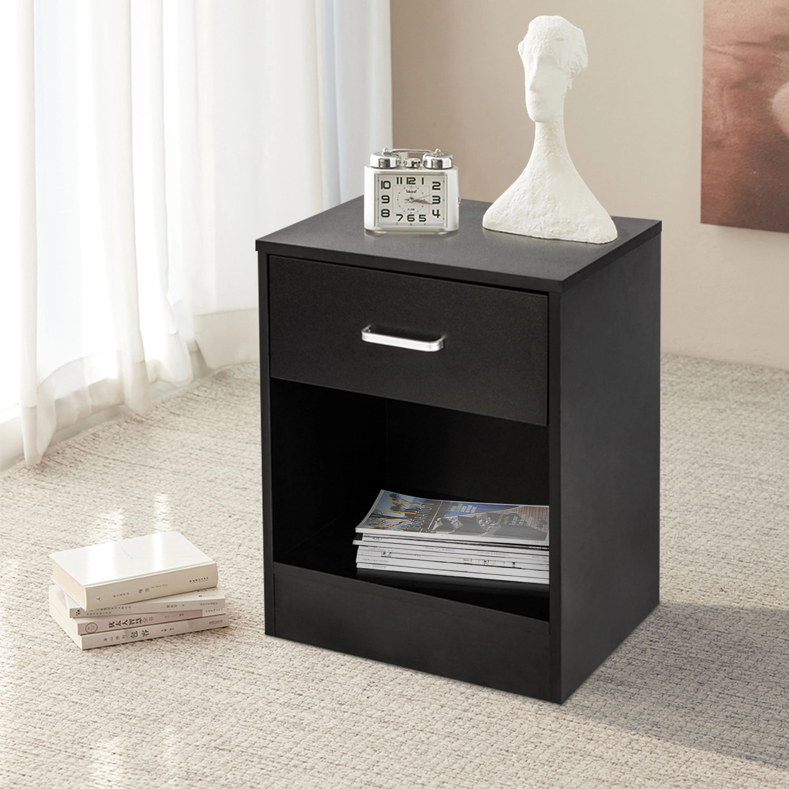 2 Piece Black Nightstands with Drawer, Modern Bedside Tables view 3