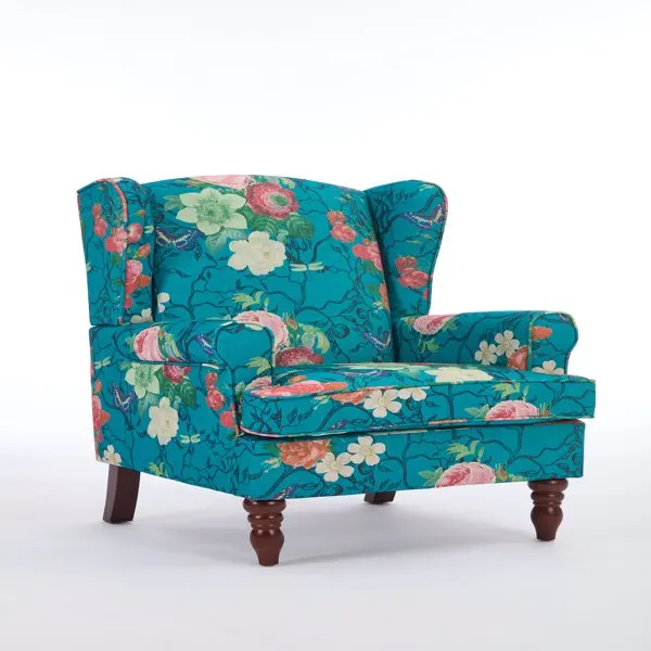 Modern Accent Chair with Retro Wood Legs, Comfy Upholstered Armchair, Floral Design Single Sofa Chair for Living Room Bedroom Office - Floral Cyan view 6