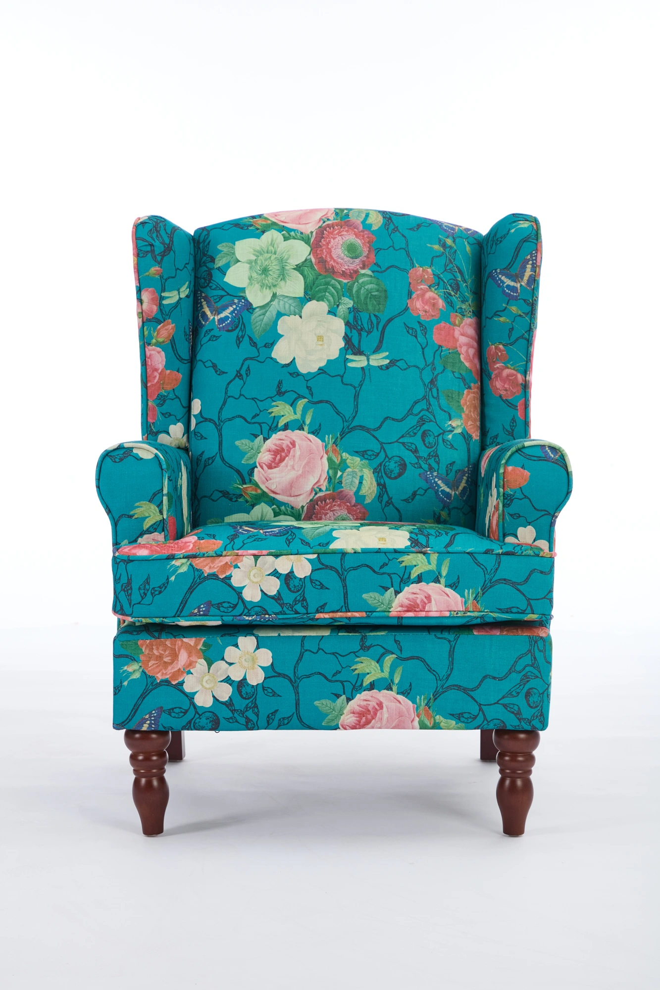 Modern Accent Chair with Retro Wood Legs, Comfy Upholstered Armchair, Floral Design Single Sofa Chair for Living Room Bedroom Office - Floral Cyan