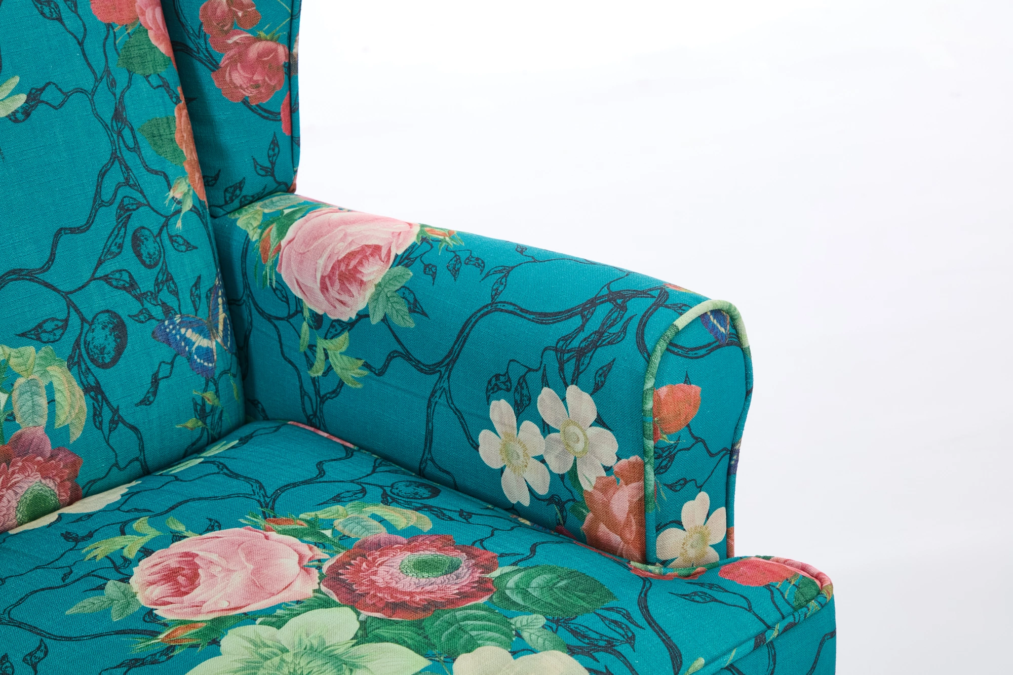 Modern Accent Chair with Retro Wood Legs, Comfy Upholstered Armchair, Floral Design Single Sofa Chair for Living Room Bedroom Office - Floral Cyan view 24