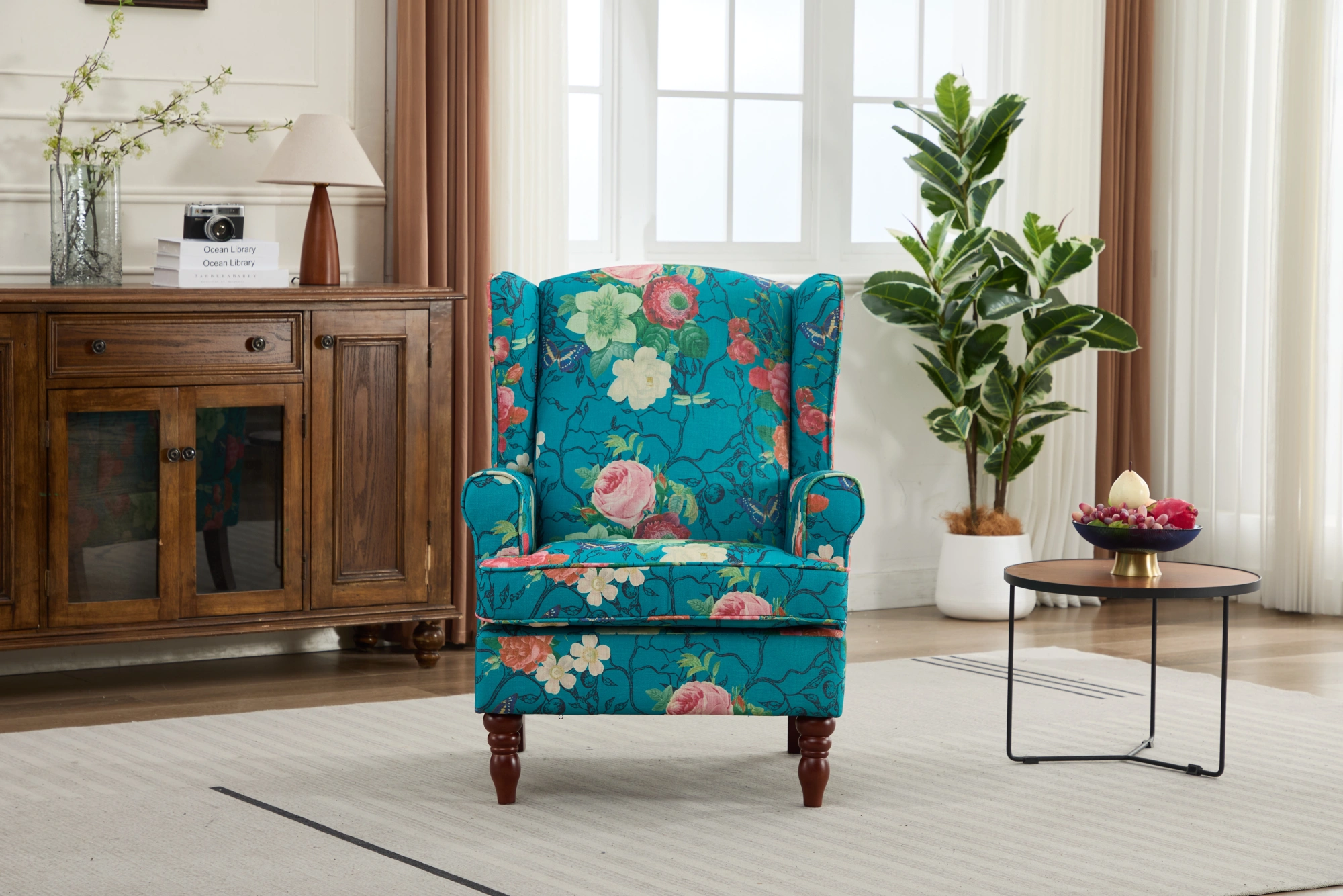 Modern Accent Chair with Retro Wood Legs, Comfy Upholstered Armchair, Floral Design Single Sofa Chair for Living Room Bedroom Office - Floral Cyan view 7