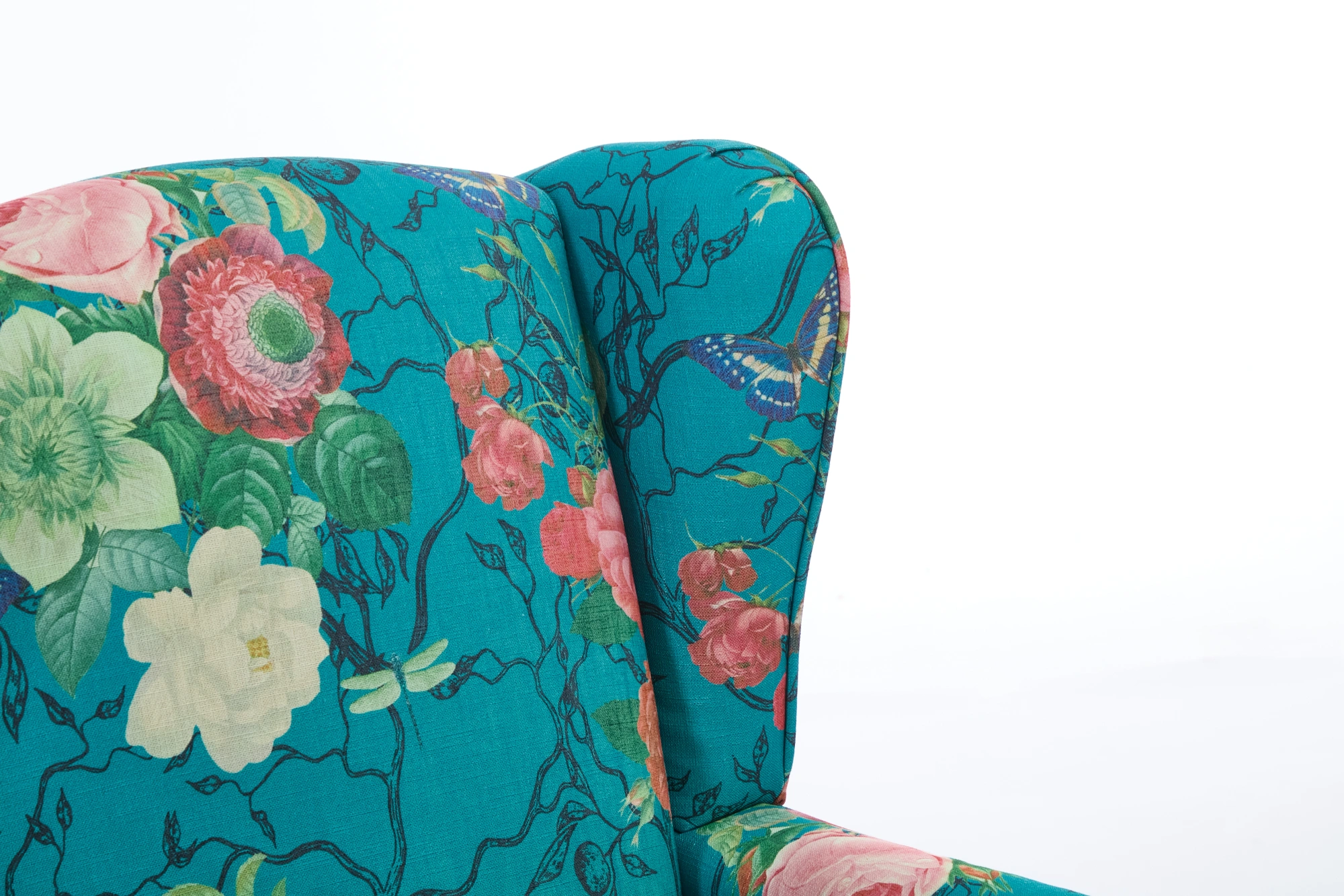 Modern Accent Chair with Retro Wood Legs, Comfy Upholstered Armchair, Floral Design Single Sofa Chair for Living Room Bedroom Office - Floral Cyan view 8
