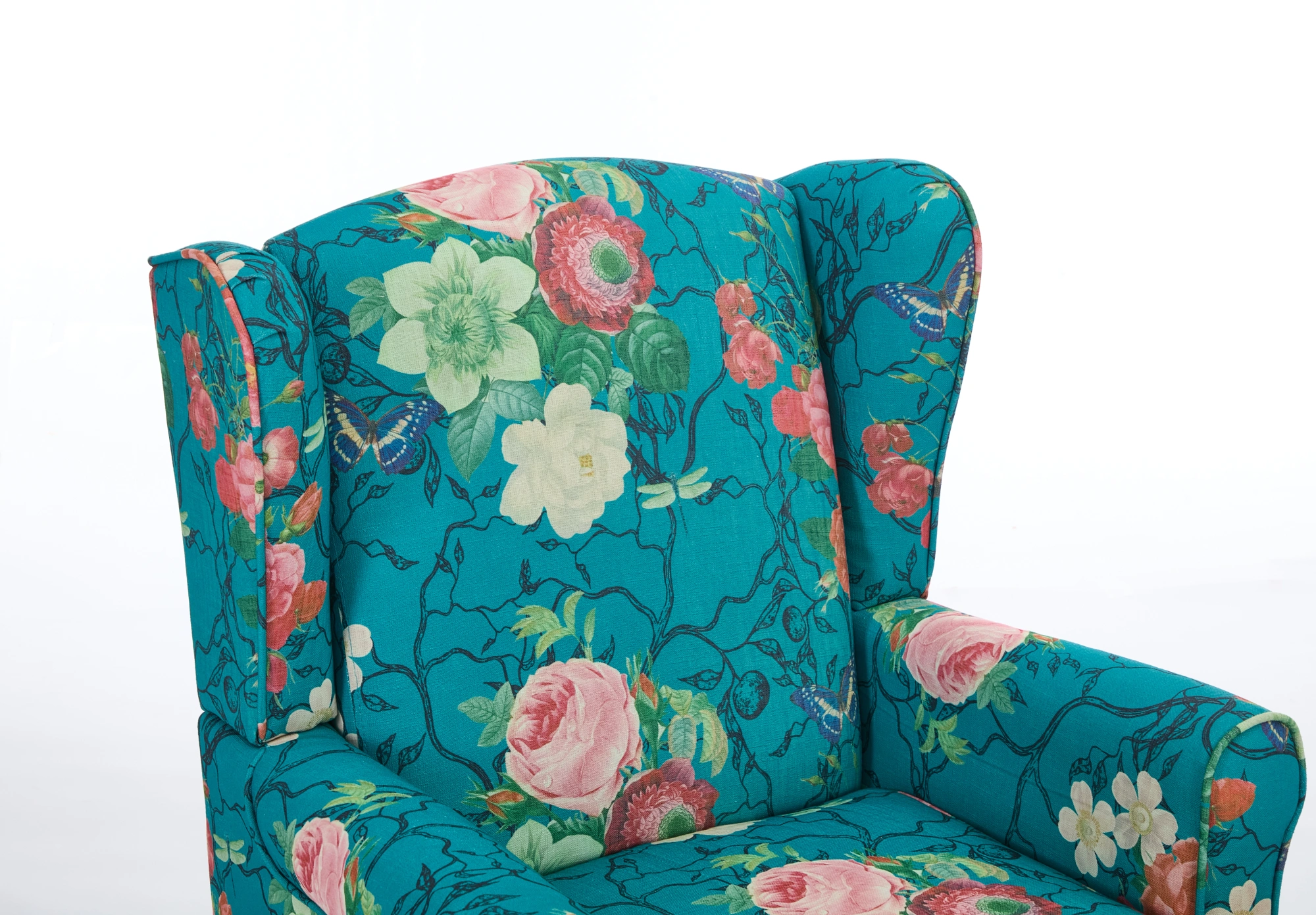 Modern Accent Chair with Retro Wood Legs, Comfy Upholstered Armchair, Floral Design Single Sofa Chair for Living Room Bedroom Office - Floral Cyan view 9