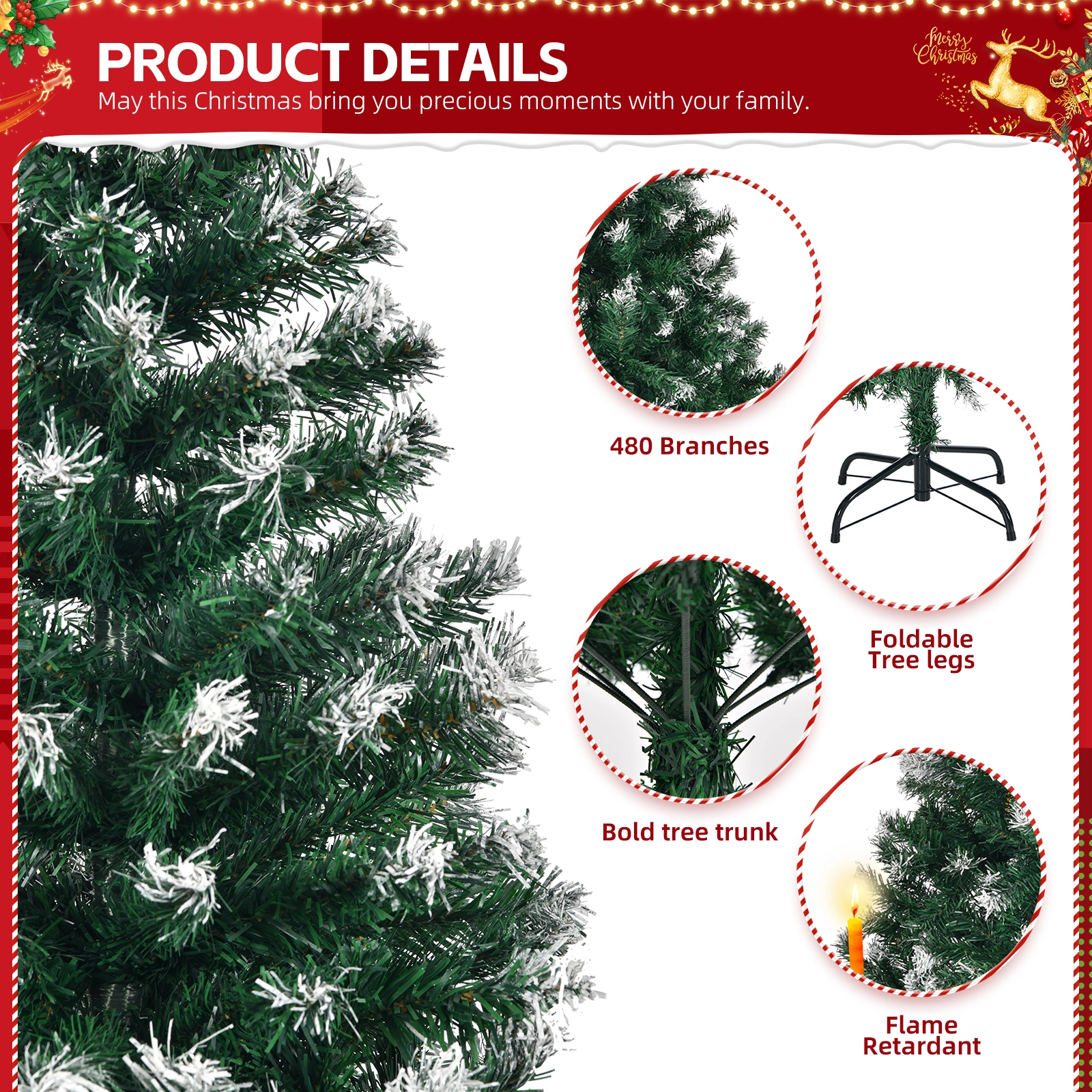 5 FT Artificial Snow Tipped Christmas Tree, 480 Branch Tips, Unlit Pine Tree with Metal Stand, Green & Snow Topped for Home Office Holiday Decor view 3