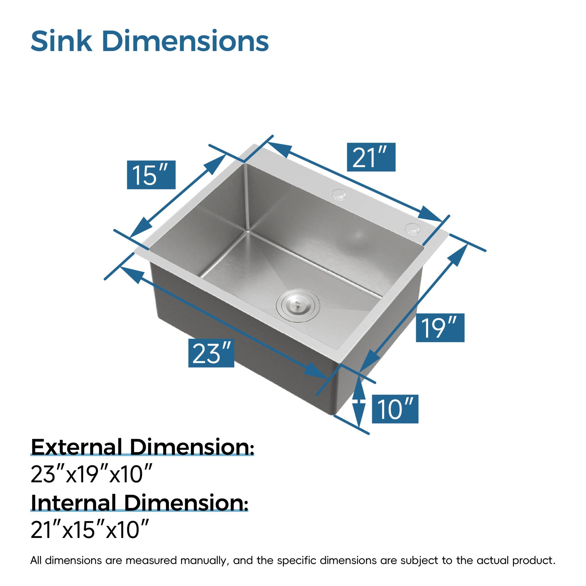 Stainless Steel Kitchen Sink 23x19 Inch Single Bowl, Handmade Overmount Sink Dark Gray, Includes US Standard Drain & Hook view 2