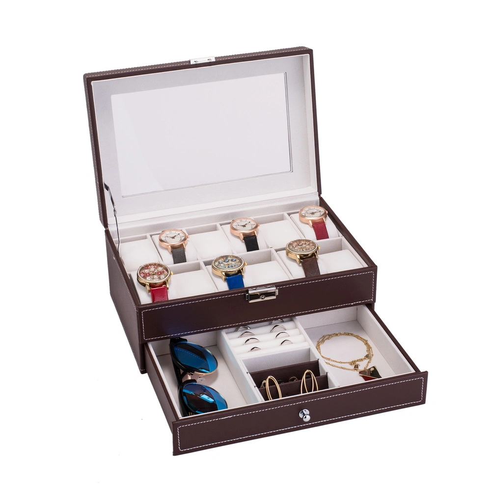 12 Slot Men's Watch Box Lockable Watch Organizer Display Case with Real Glass Top & Faux Leather - Brown view 2