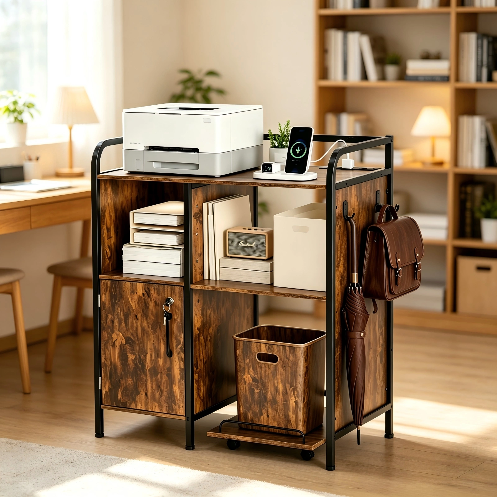 1 Cabinet Door 3-Layer Printer Rack P2 Particleboard + Iron Pipes & Melamine Veneer + Powder-Coated Storage Rack 31.5*17.72*35.43in Rotten Wood