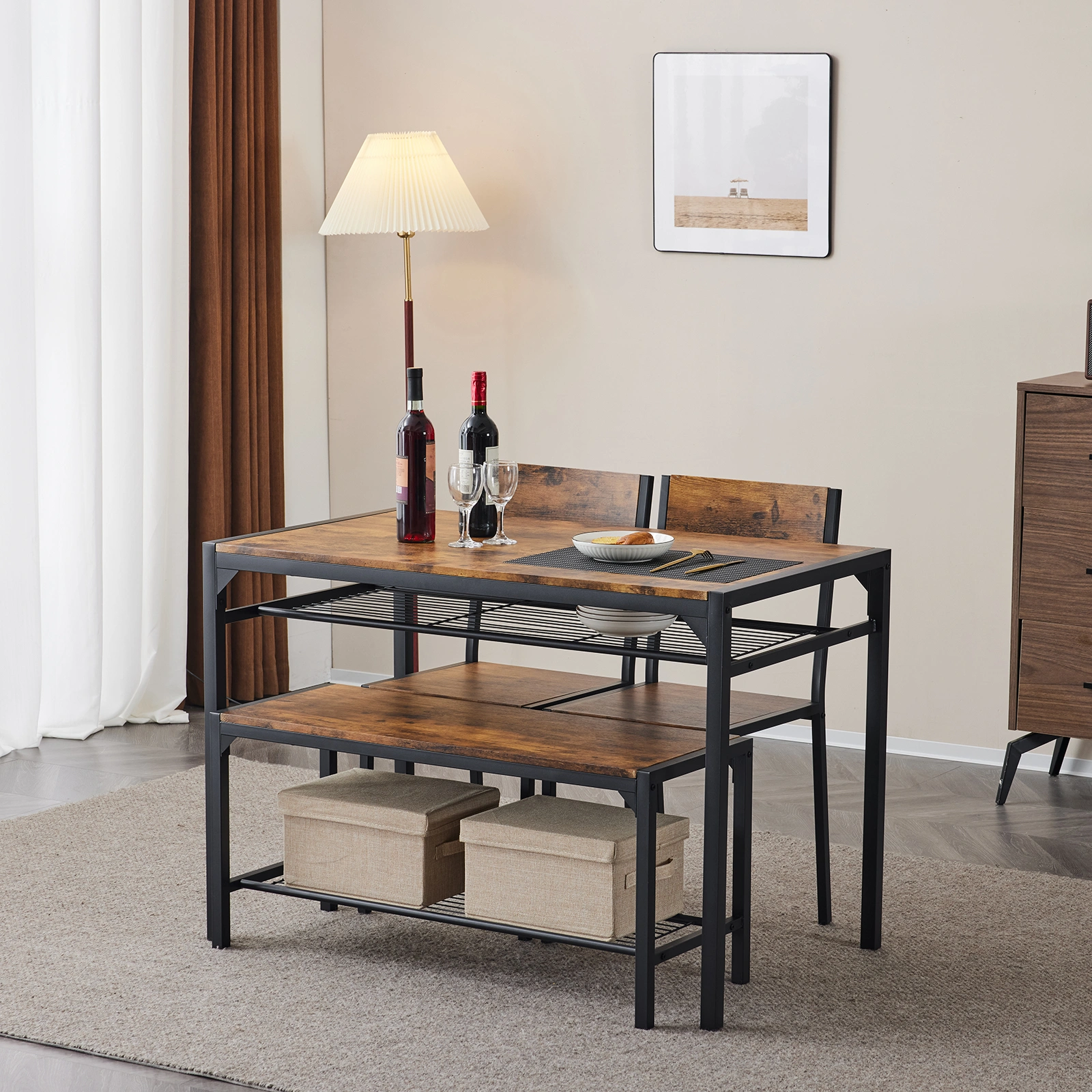 Dining Table Set for 4, Kitchen Table with 2 Chairs and a Bench, 4 Piece Kitchen Table Set for Small Space, Home Kitchen Bar Pub Apartment, Rustic Brown view 14