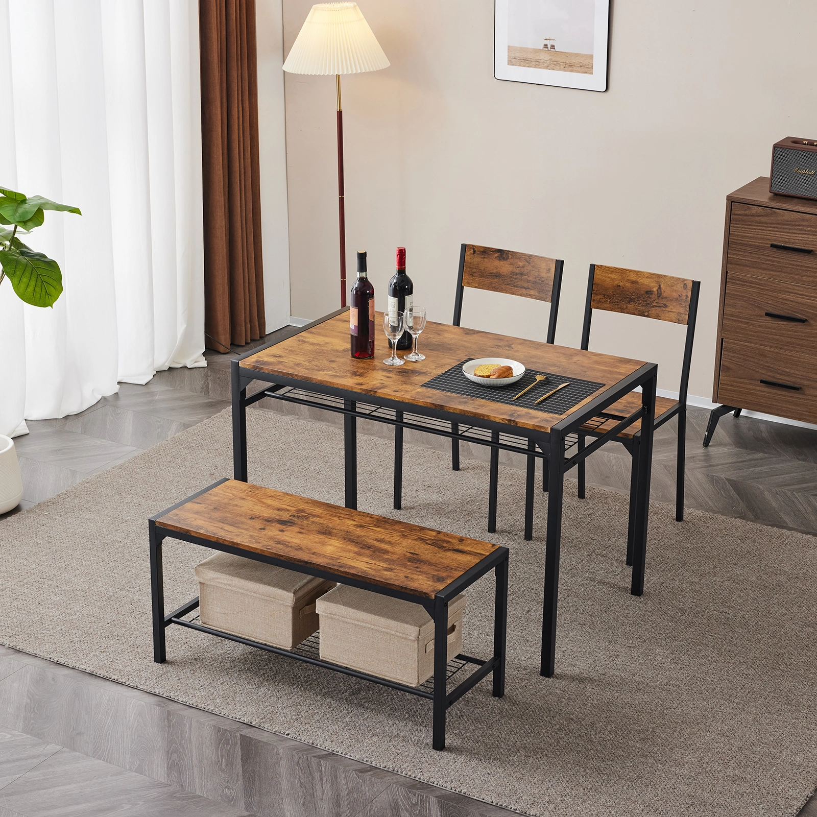 Dining Table Set for 4, Kitchen Table with 2 Chairs and a Bench, 4 Piece Kitchen Table Set for Small Space, Home Kitchen Bar Pub Apartment, Rustic Brown view 18
