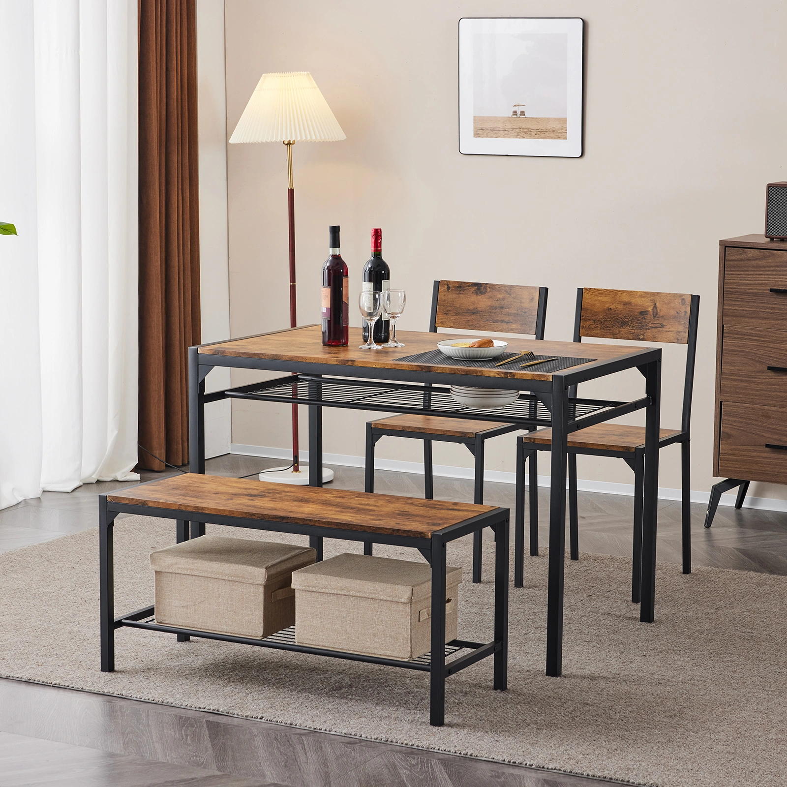 Dining Table Set for 4, Kitchen Table with 2 Chairs and a Bench, 4 Piece Kitchen Table Set for Small Space, Home Kitchen Bar Pub Apartment, Rustic Brown view 25