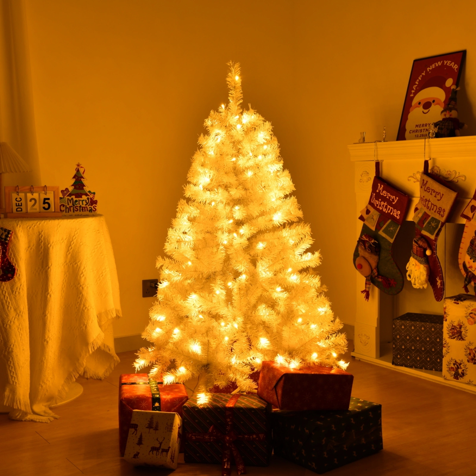 4 FT Artificial Christmas Tree Pre Lit, Hinged Xmas Pine Tree with 346 Branch Tips, 140 Lights Remote Control, White for Holiday Home Office Party view 5