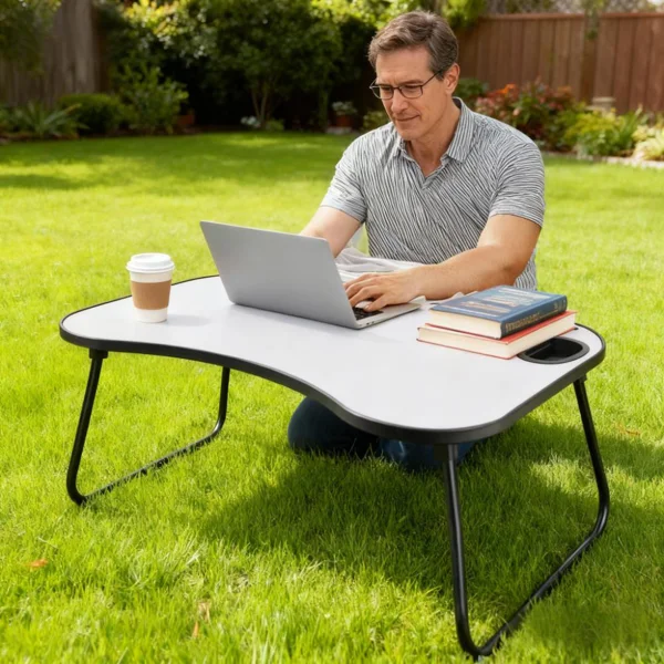 Portable Laptop Desk, Gray and White Matte Metal and Wood Construction, Foldable Design with Cup Holder, 26.5 x 18.5 Inches, for Bed, Car, Couch, Home & Outdoor Use (Grey+White Matte) view 3