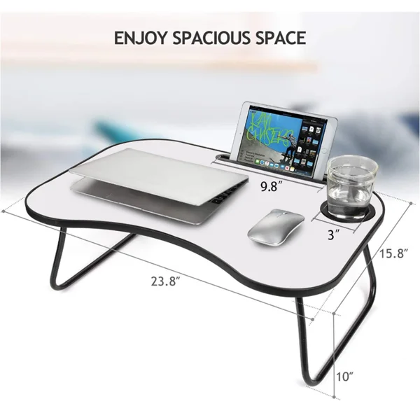 Portable Laptop Desk, Gray and White Matte Metal and Wood Construction, Foldable Design with Cup Holder, 26.5 x 18.5 Inches, for Bed, Car, Couch, Home & Outdoor Use (Grey+White Matte) view 4