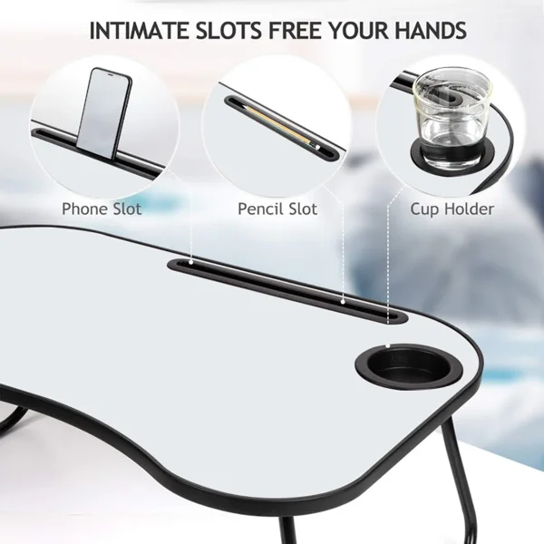 Portable Laptop Desk, Gray and White Matte Metal and Wood Construction, Foldable Design with Cup Holder, 26.5 x 18.5 Inches, for Bed, Car, Couch, Home & Outdoor Use (Grey+White Matte) view 5