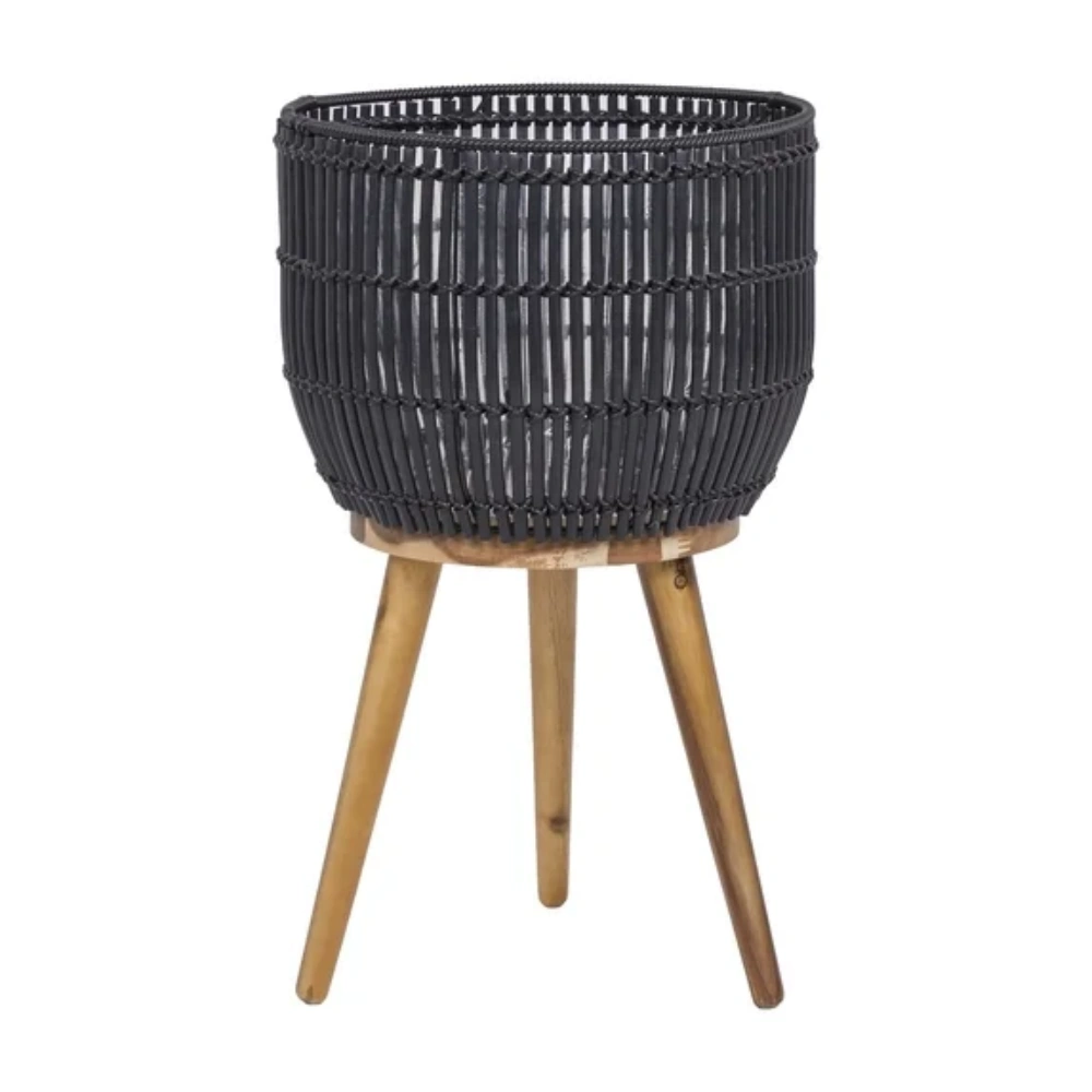 Black Round Resin Planter & Stand Set with Wood Legs view 4