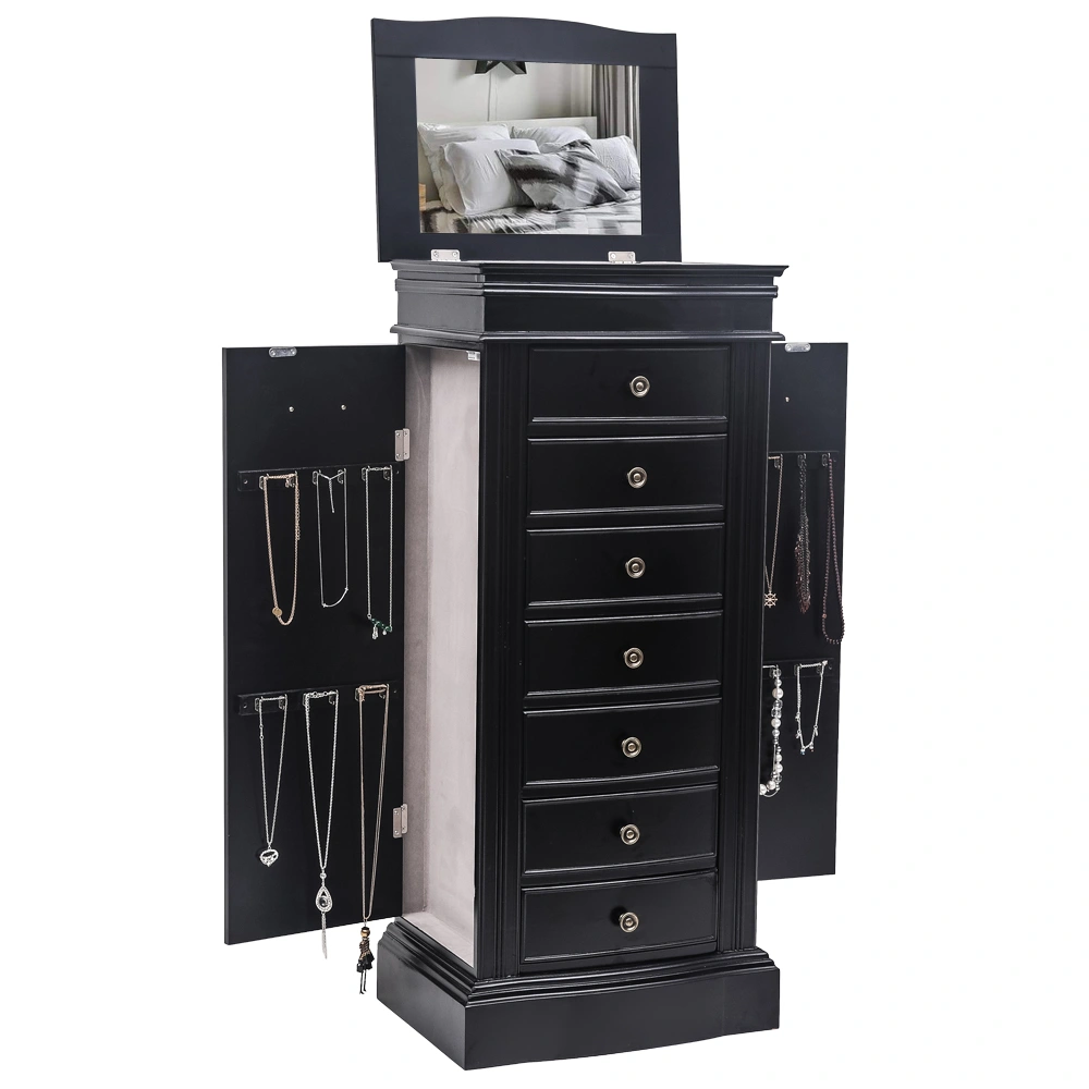 Jewelry Armoire Cabinet with Mirror, 7 Drawers, 24 Necklace Hooks, 2 Side Swing Doors, Black