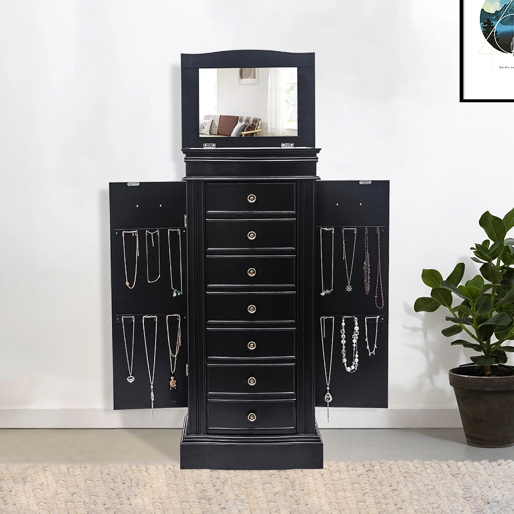 Jewelry Armoire Cabinet with Mirror, 7 Drawers, 24 Necklace Hooks, 2 Side Swing Doors, Black view 13