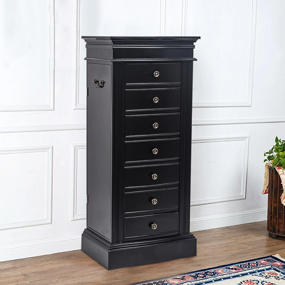 Jewelry Armoire Cabinet with Mirror, 7 Drawers, 24 Necklace Hooks, 2 Side Swing Doors, Black view 14