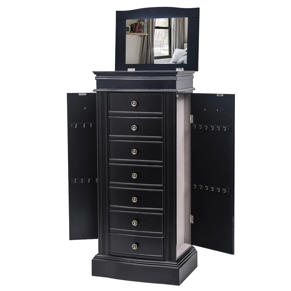 Jewelry Armoire Cabinet with Mirror, 7 Drawers, 24 Necklace Hooks, 2 Side Swing Doors, Black view 5