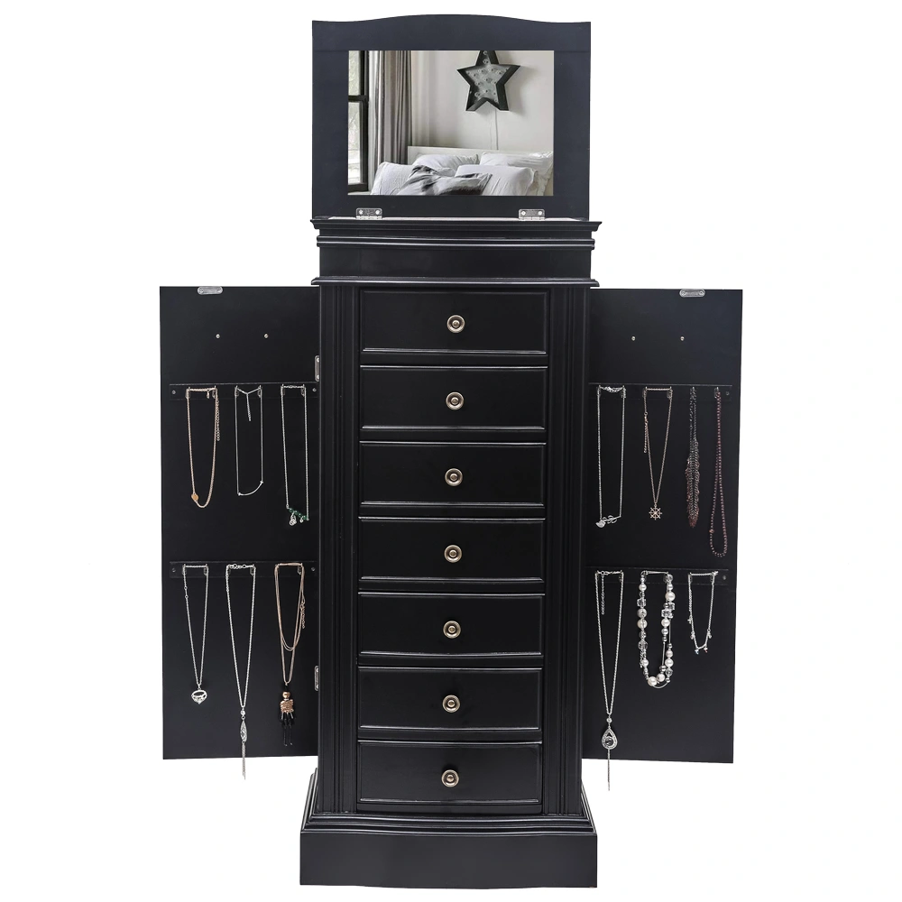 Jewelry Armoire Cabinet with Mirror, 7 Drawers, 24 Necklace Hooks, 2 Side Swing Doors, Black view 6