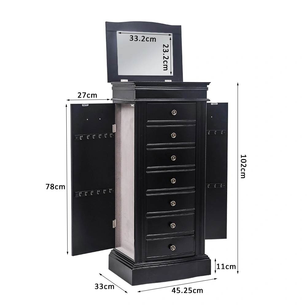 Jewelry Armoire Cabinet with Mirror, 7 Drawers, 24 Necklace Hooks, 2 Side Swing Doors, Black view 8