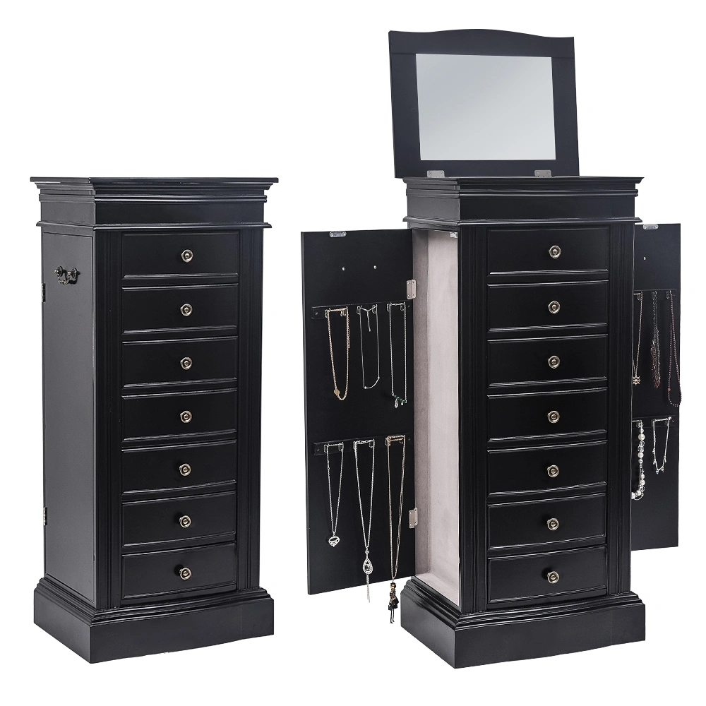 Jewelry Armoire Cabinet with Mirror, 7 Drawers, 24 Necklace Hooks, 2 Side Swing Doors, Black view 9