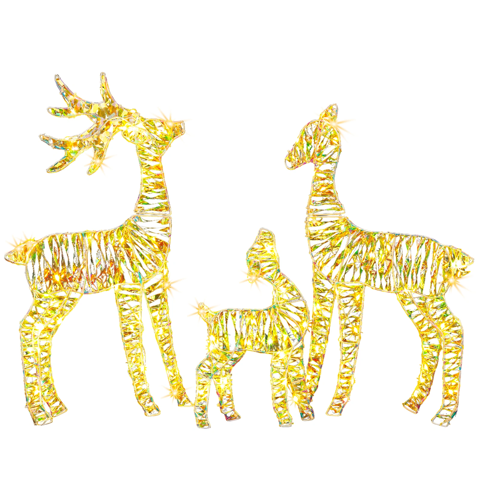 3Pc Iridescent Lighted Christmas Reindeer Family Outdoor Decor, Weatherproof Pre-Lit 110 LED Warm White Lights, 2.4FT Deer Statue Set