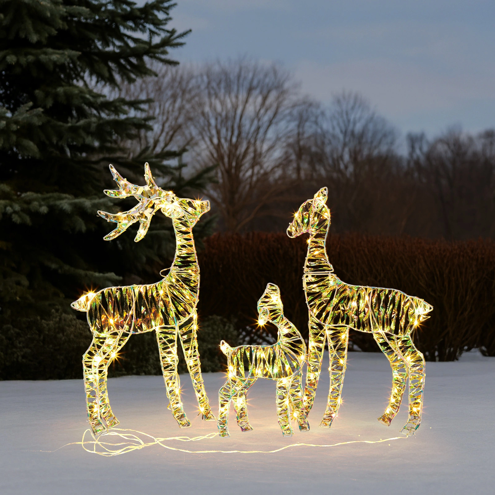 3Pc Iridescent Lighted Christmas Reindeer Family Outdoor Decor, Weatherproof Pre-Lit 110 LED Warm White Lights, 2.4FT Deer Statue Set view 4