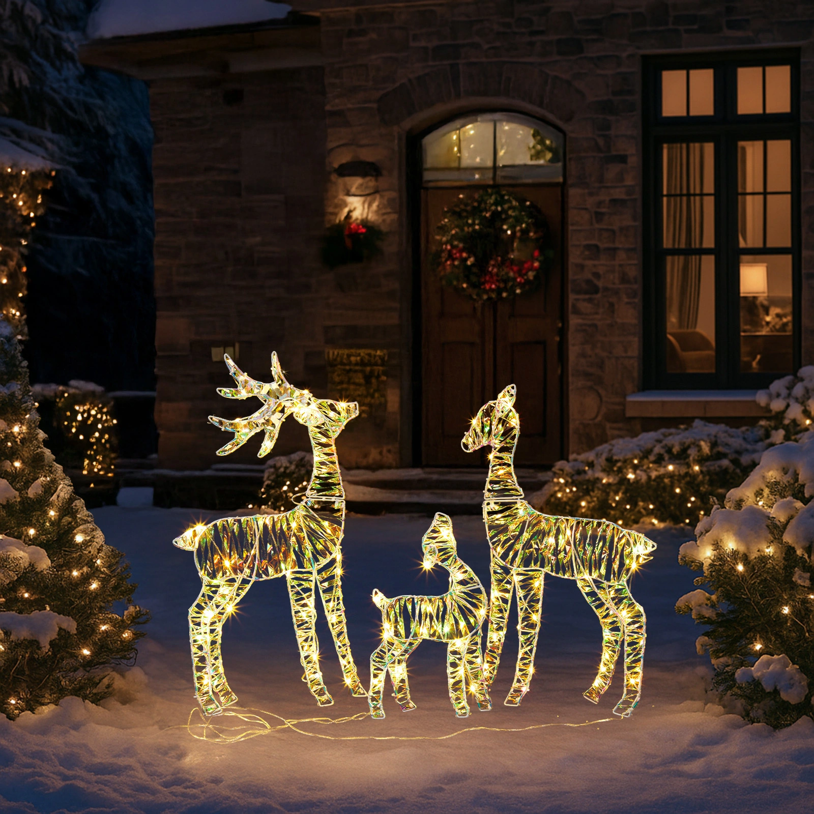 3Pc Iridescent Lighted Christmas Reindeer Family Outdoor Decor, Weatherproof Pre-Lit 110 LED Warm White Lights, 2.4FT Deer Statue Set view 5