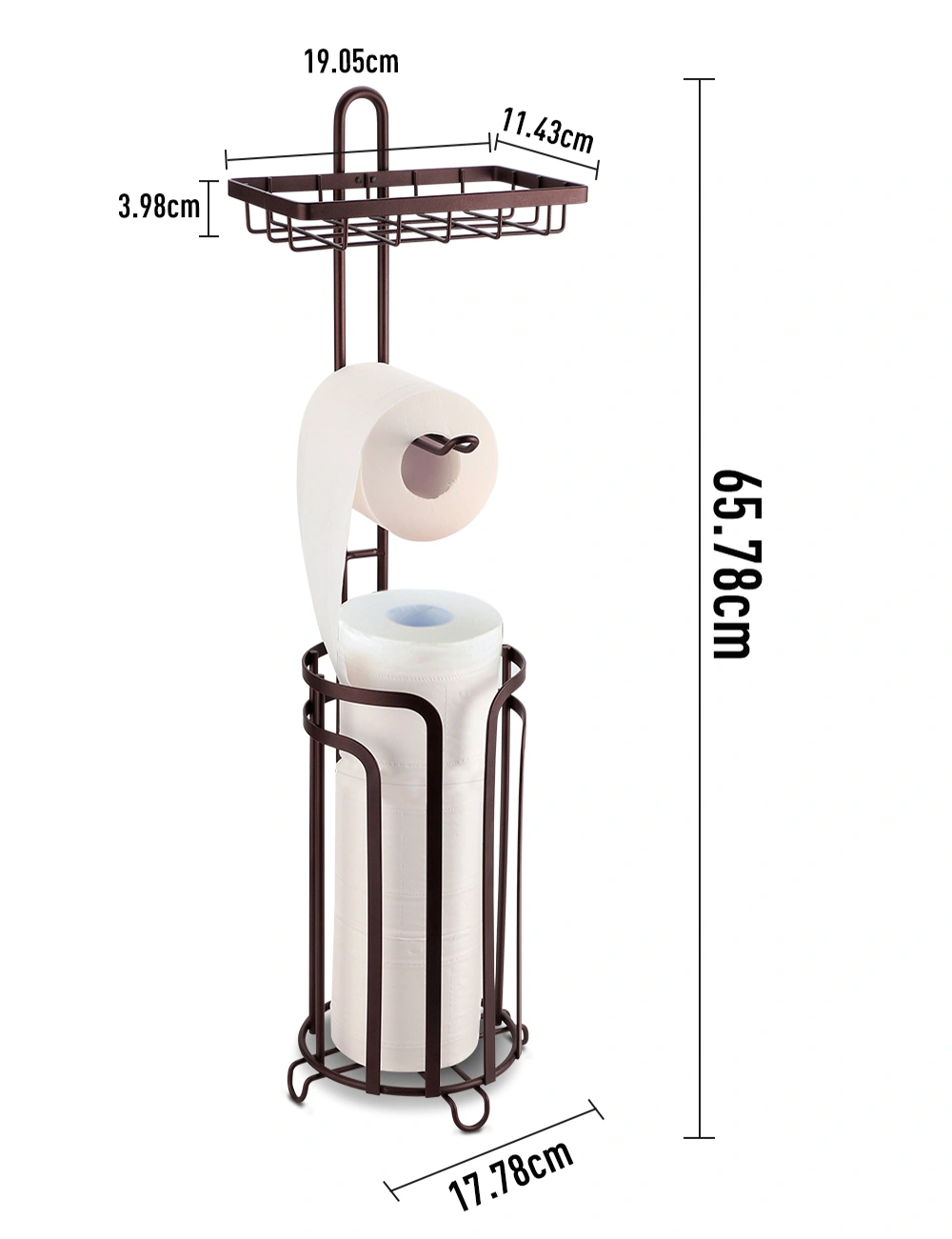 Freestanding Toilet Paper Holder Stand with Storage Shelf, Holds 3 Spare Rolls, Functional Bathroom Floor Dispenser for Phone Magazine, Black Metal view 2