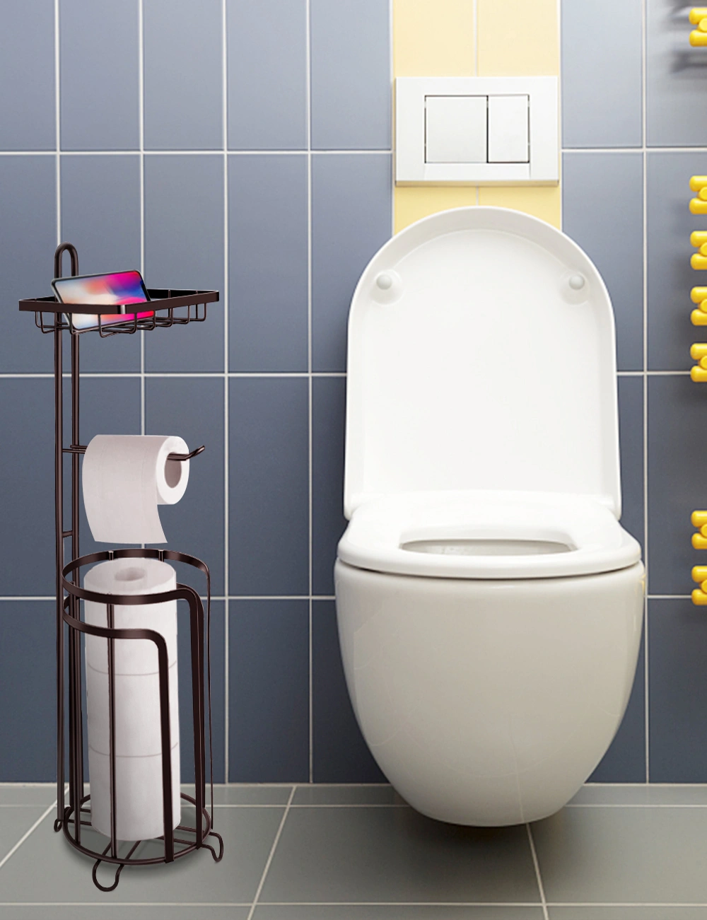 Freestanding Toilet Paper Holder Stand with Storage Shelf, Holds 3 Spare Rolls, Functional Bathroom Floor Dispenser for Phone Magazine, Black Metal view 3
