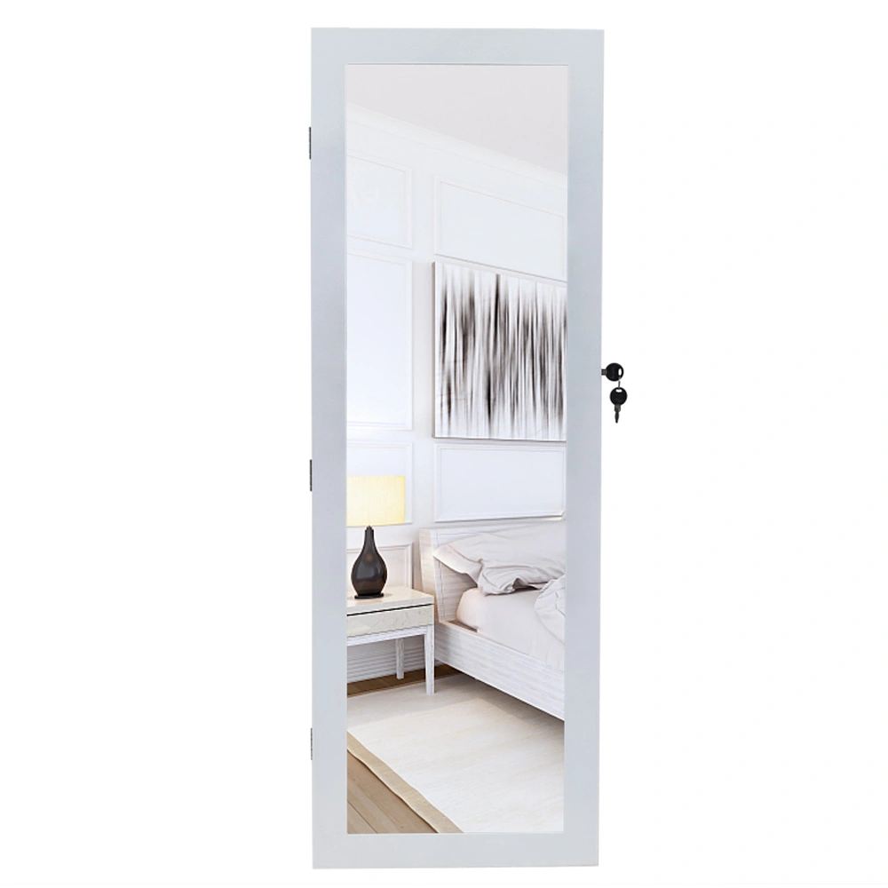 Wall Mounted Wooden Jewelry Cabinet with Mirror, 4-Tier Shelf 2 Drawers, 8 Blue LED Lights, White Storage Organizer view 2