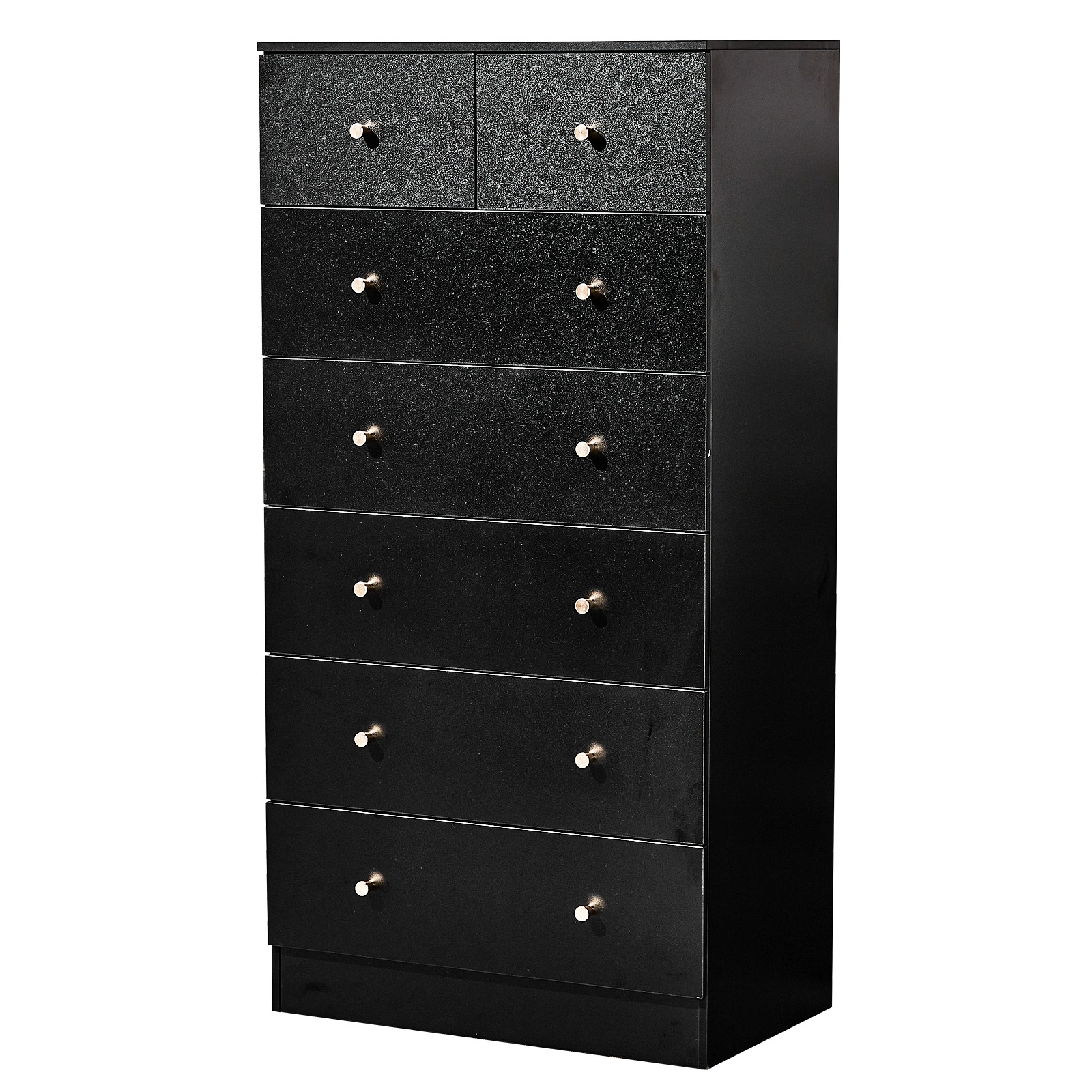 Black matte finish particleboard with melamine veneer, 66*40*131cm, 5+2 drawer cabinet, matte gold handles