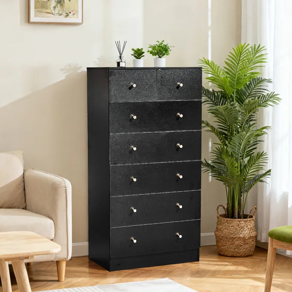 Black matte finish particleboard with melamine veneer, 66*40*131cm, 5+2 drawer cabinet, matte gold handles view 2