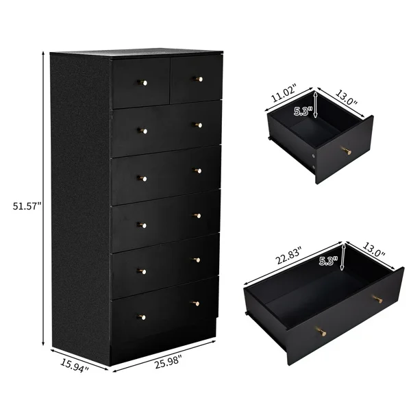 Black matte finish particleboard with melamine veneer, 66*40*131cm, 5+2 drawer cabinet, matte gold handles view 3