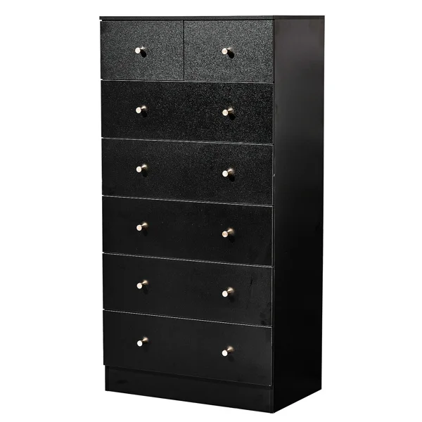 Black matte finish particleboard with melamine veneer, 66*40*131cm, 5+2 drawer cabinet, matte gold handles
