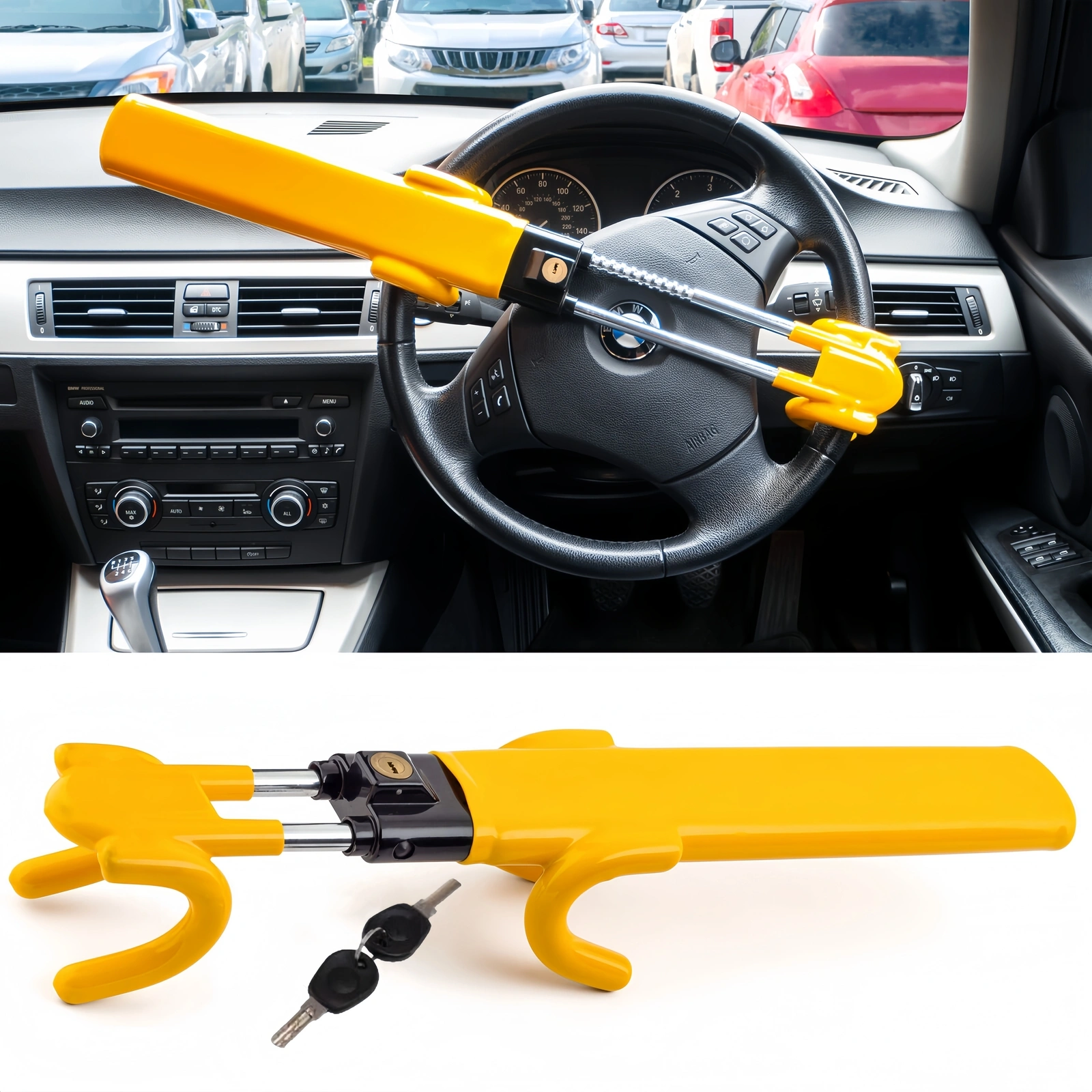 Heavy Duty Car Steering Wheel Lock - High Security Anti-Theft Vehicle Column Lock for Cars, Vans & Trucks
