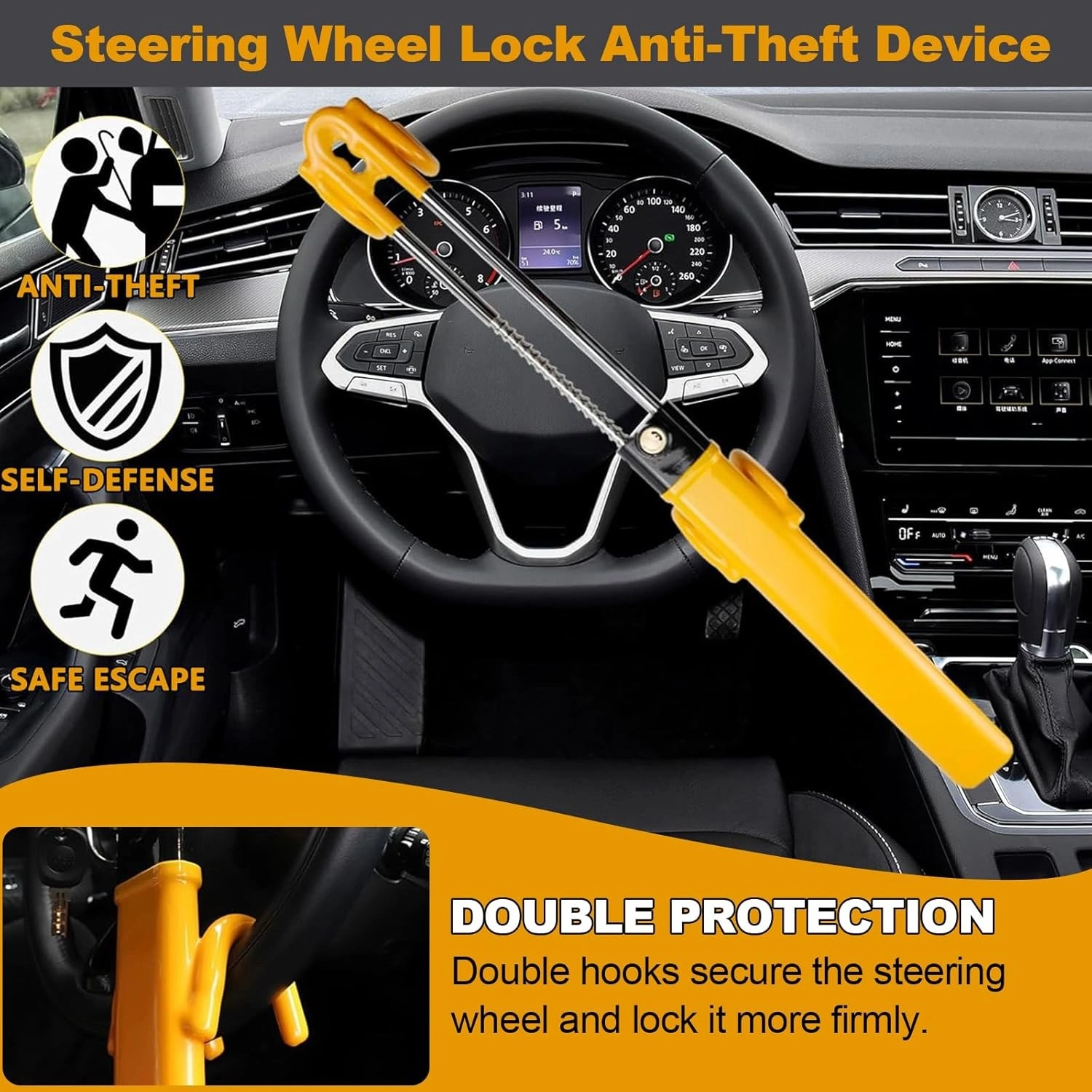 Heavy Duty Car Steering Wheel Lock - High Security Anti-Theft Vehicle Column Lock for Cars, Vans & Trucks view 4