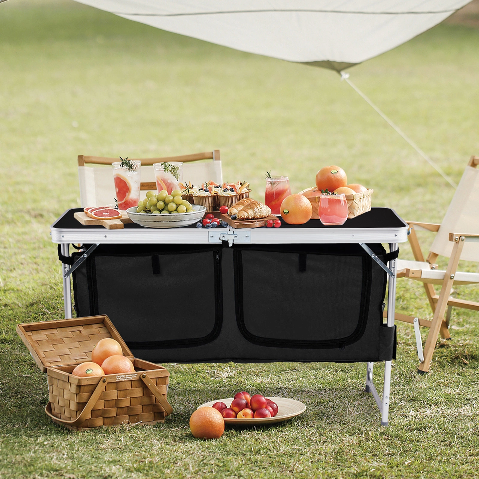 Outdoor Folding Camping Table with Storage Compartment, 4ft Portable Pinic Table with 3 Adjustable Height, Carry Handle for Outdoor Indoor Hiking Camp BBQ Beach, Black view 4