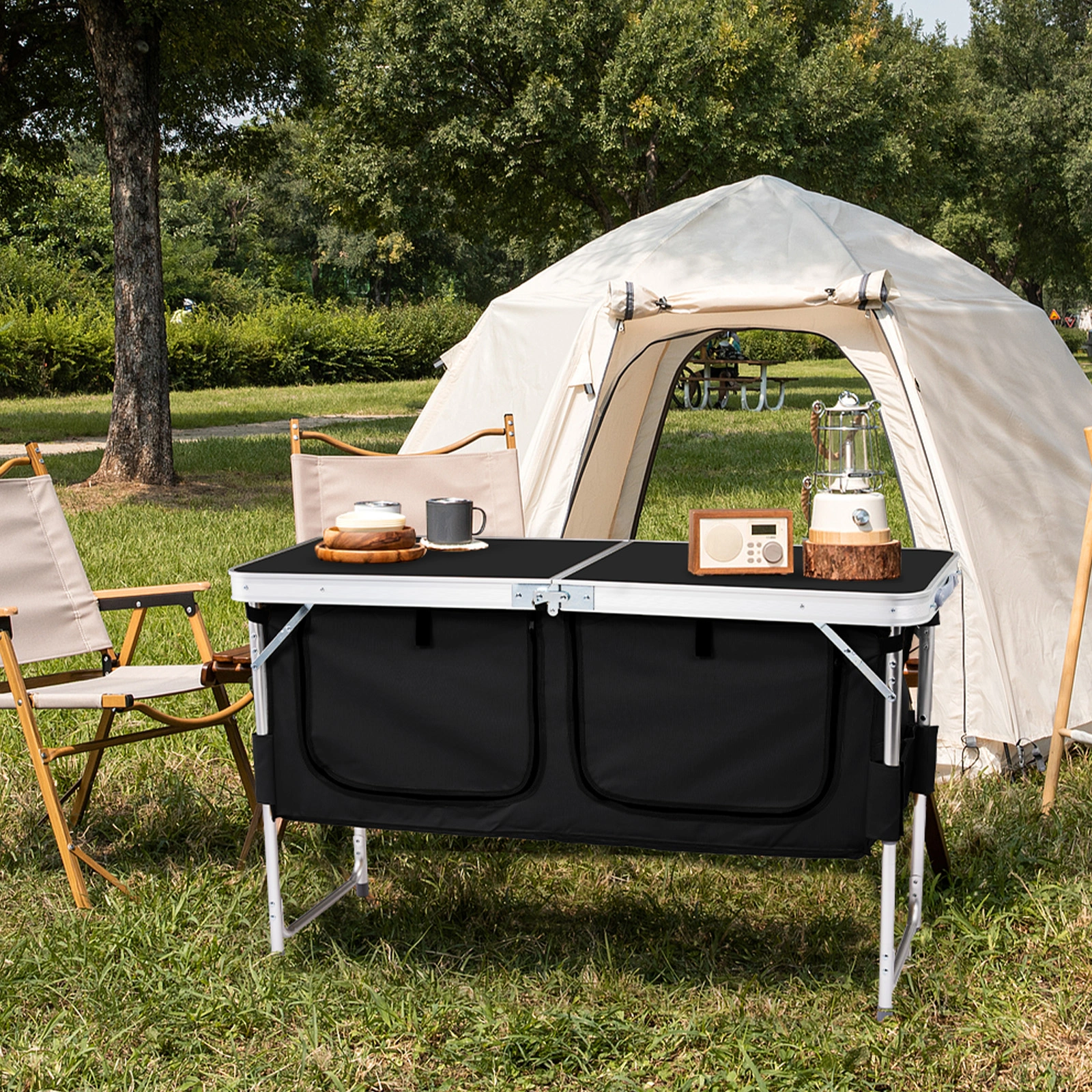 Outdoor Folding Camping Table with Storage Compartment, 4ft Portable Pinic Table with 3 Adjustable Height, Carry Handle for Outdoor Indoor Hiking Camp BBQ Beach, Black view 5